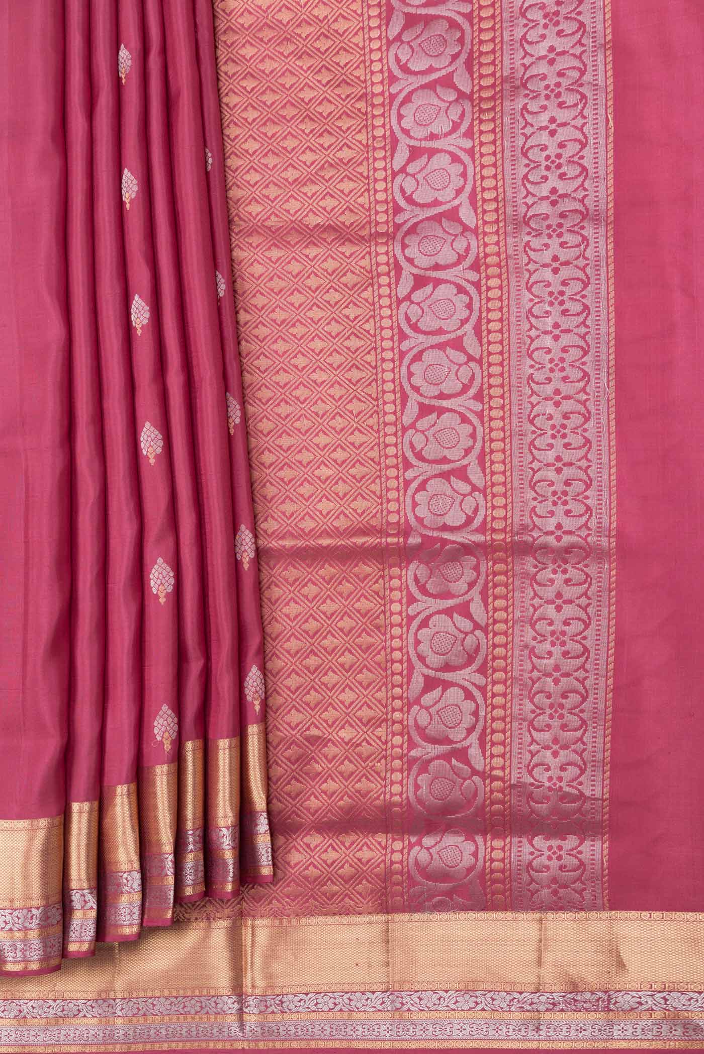 Pleats and pallu of Dark Pink Dual Tone Soft Silk Saree with Zari Butta on the body and Zari Border. 