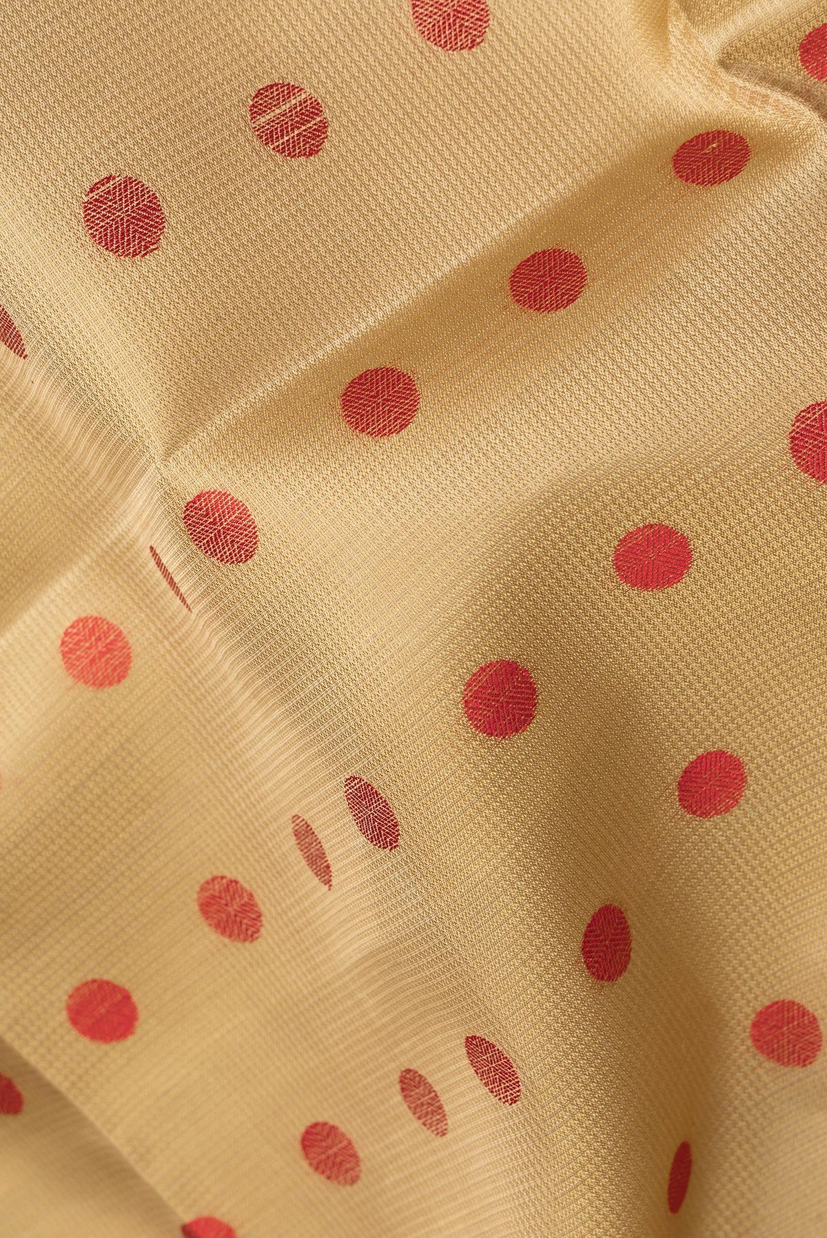 Close up of Pure Silk Beige Dual Tone Soft Saree with Thread Butta on the body and Thread Border.  displaying folds