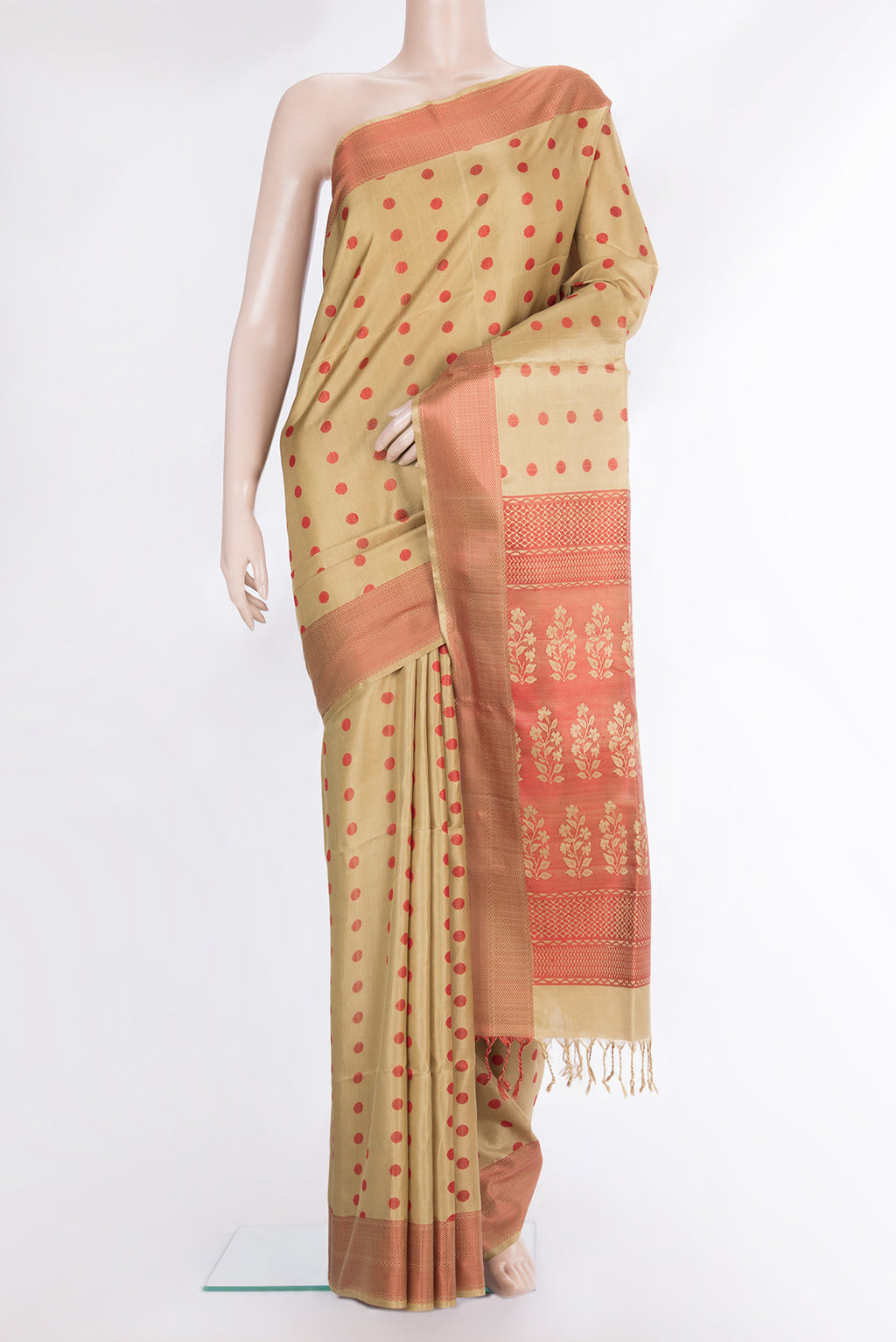 Pure Silk Beige Dual Tone Soft Saree with Thread Butta on the body and Thread Border.  displayed on a mannequin