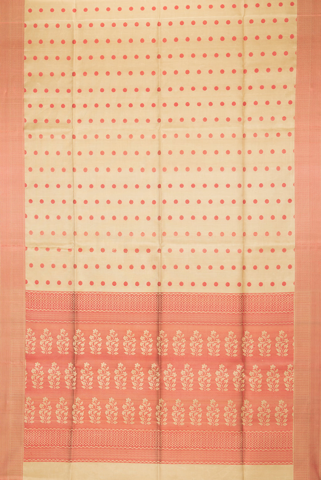 Flat view of Pure Silk Beige Dual Tone Soft Saree with Thread Butta on the body and Thread Border. 