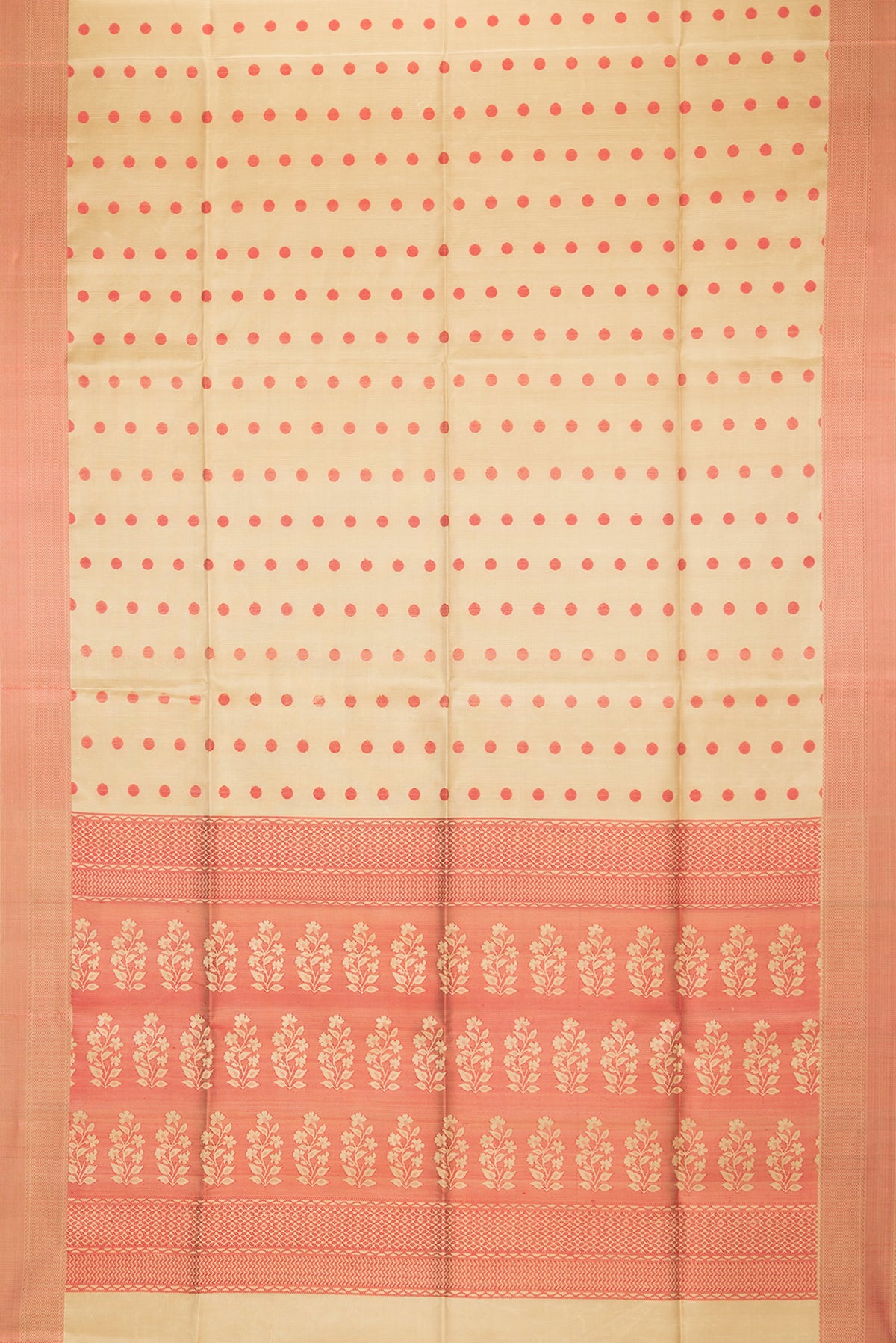 Flat view of Pure Silk Beige Dual Tone Soft Saree with Thread Butta on the body and Thread Border. 