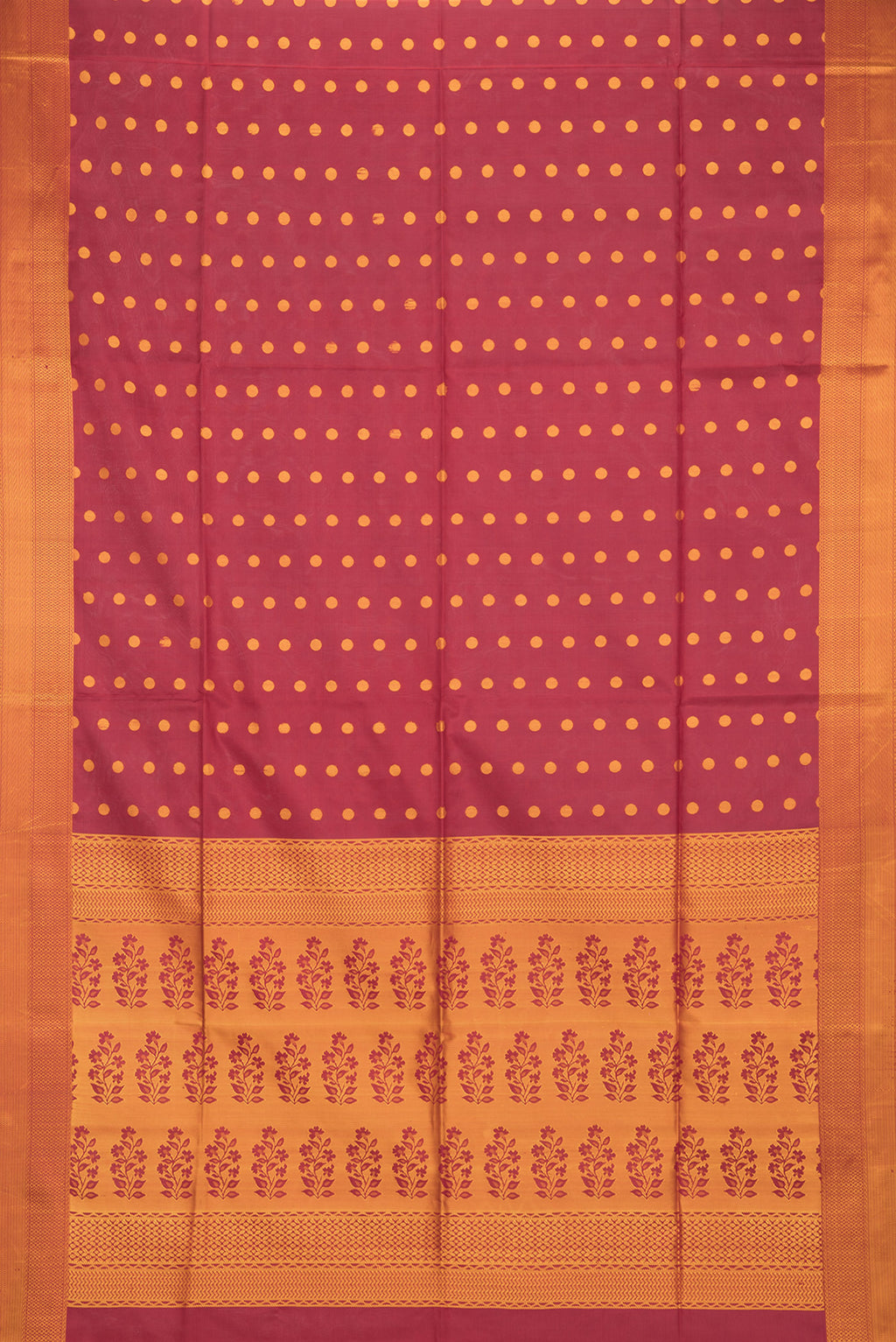 Flat view of Pure Silk Maroon Dual Tone Soft Saree with Thread Butta on the body and Thread Border. 