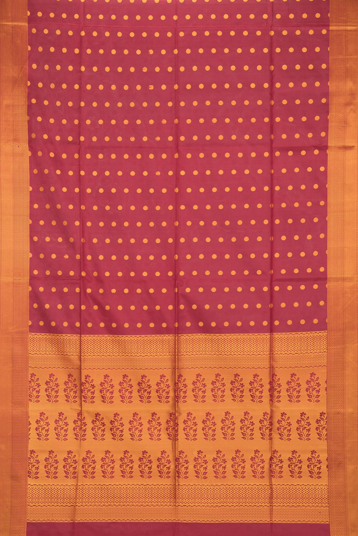 Flat view of Pure Silk Maroon Dual Tone Soft Saree with Thread Butta on the body and Thread Border. 