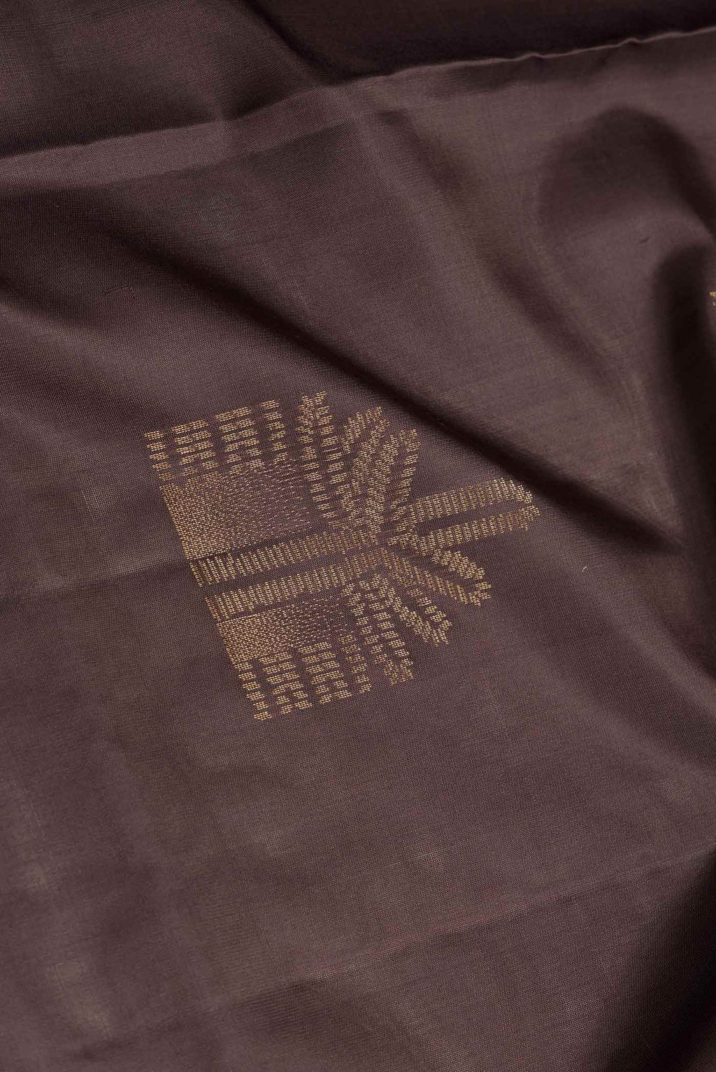 Close up of Brown Dual Tone Soft Silk Saree with Zari Butta on the body and Without Border.  displaying folds