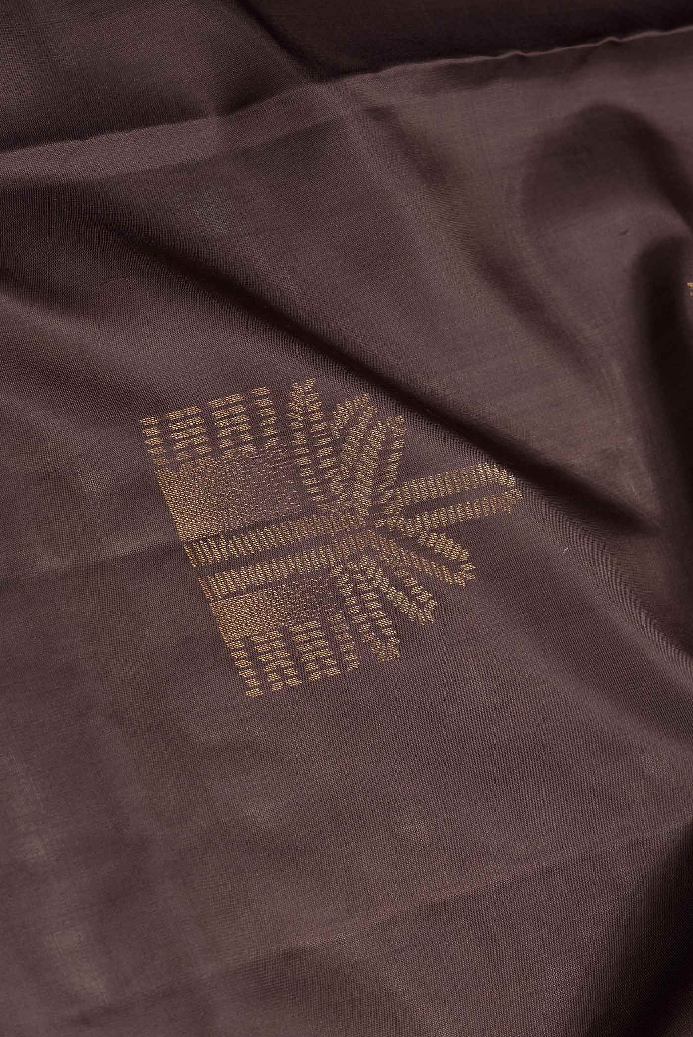 Close up of Brown Dual Tone Soft Silk Saree with Zari Butta on the body and Without Border.  displaying folds