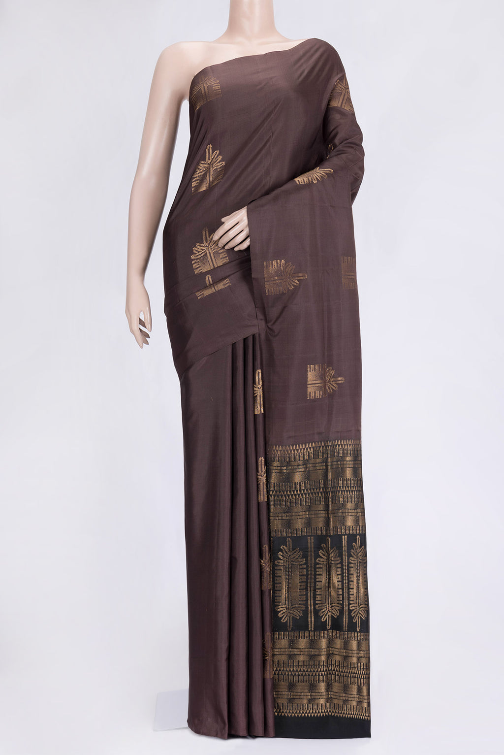 Brown Dual Tone Soft Silk Saree with Zari Butta on the body and Without Border.  displayed on a mannequin