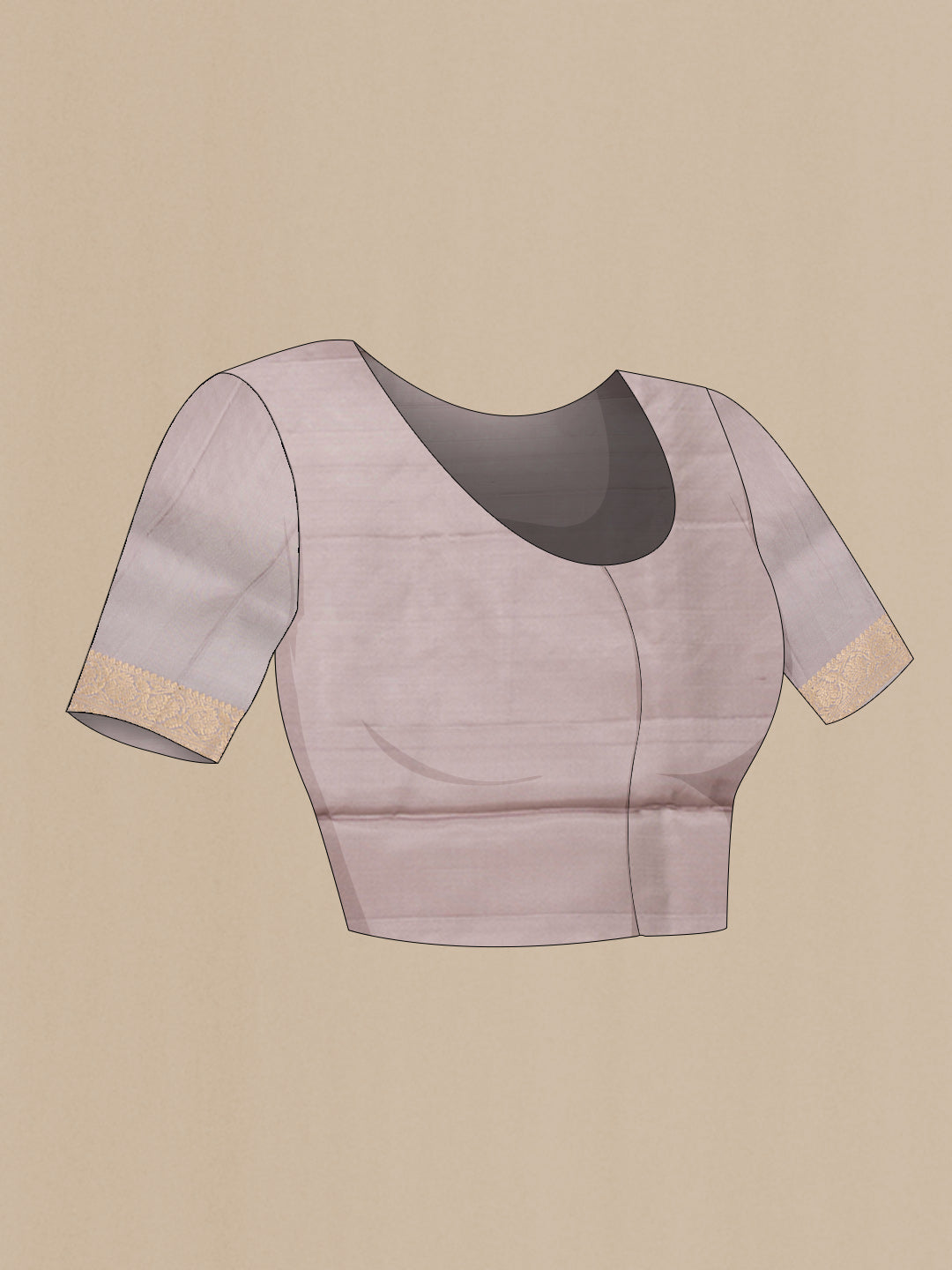 Close up image of the blouse of Dark Beige Dual Tone Soft Silk Saree with Zari Butta on the body and Zari Border. 