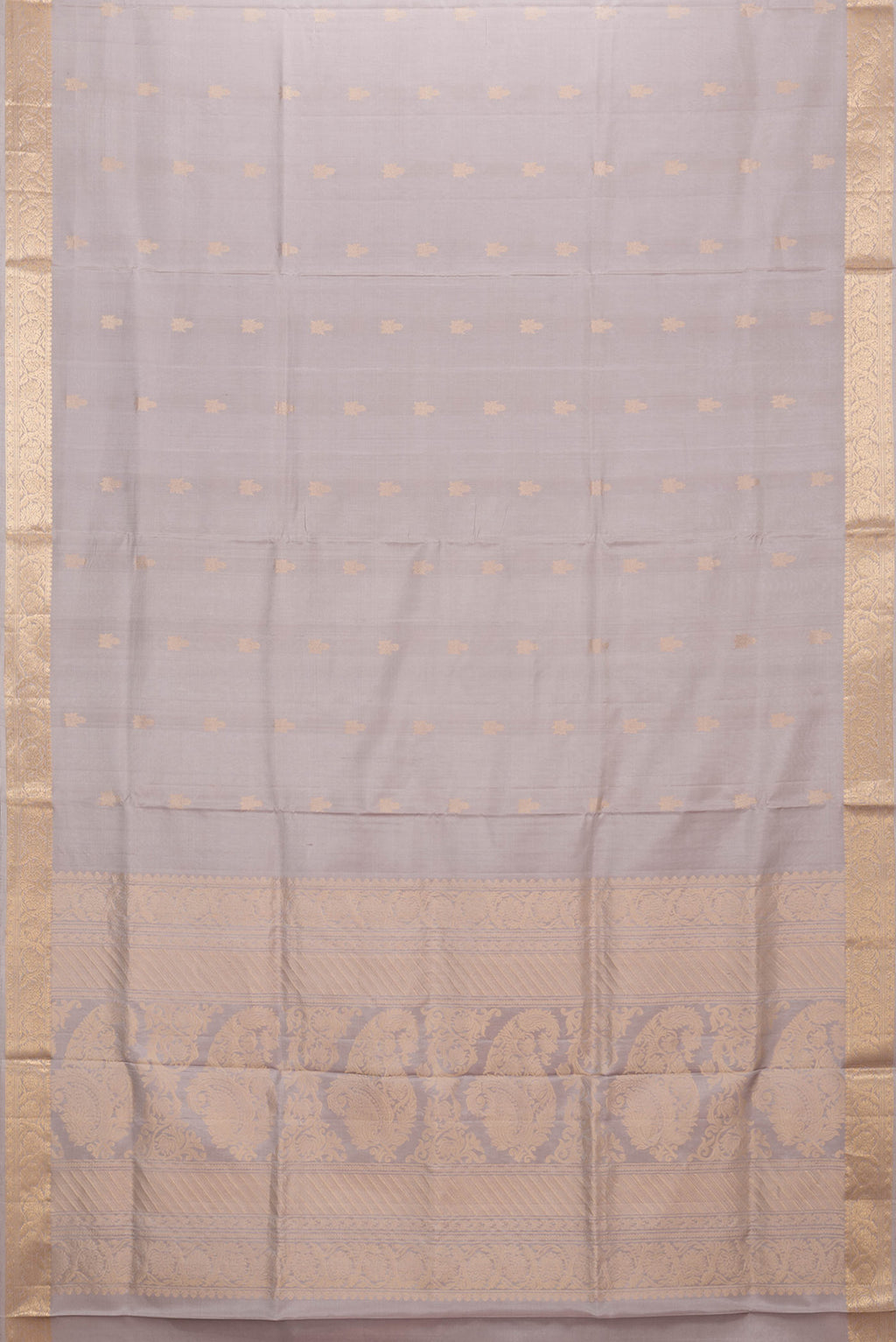 Flat view of Dark Beige Dual Tone Soft Silk Saree with Zari Butta on the body and Zari Border. 