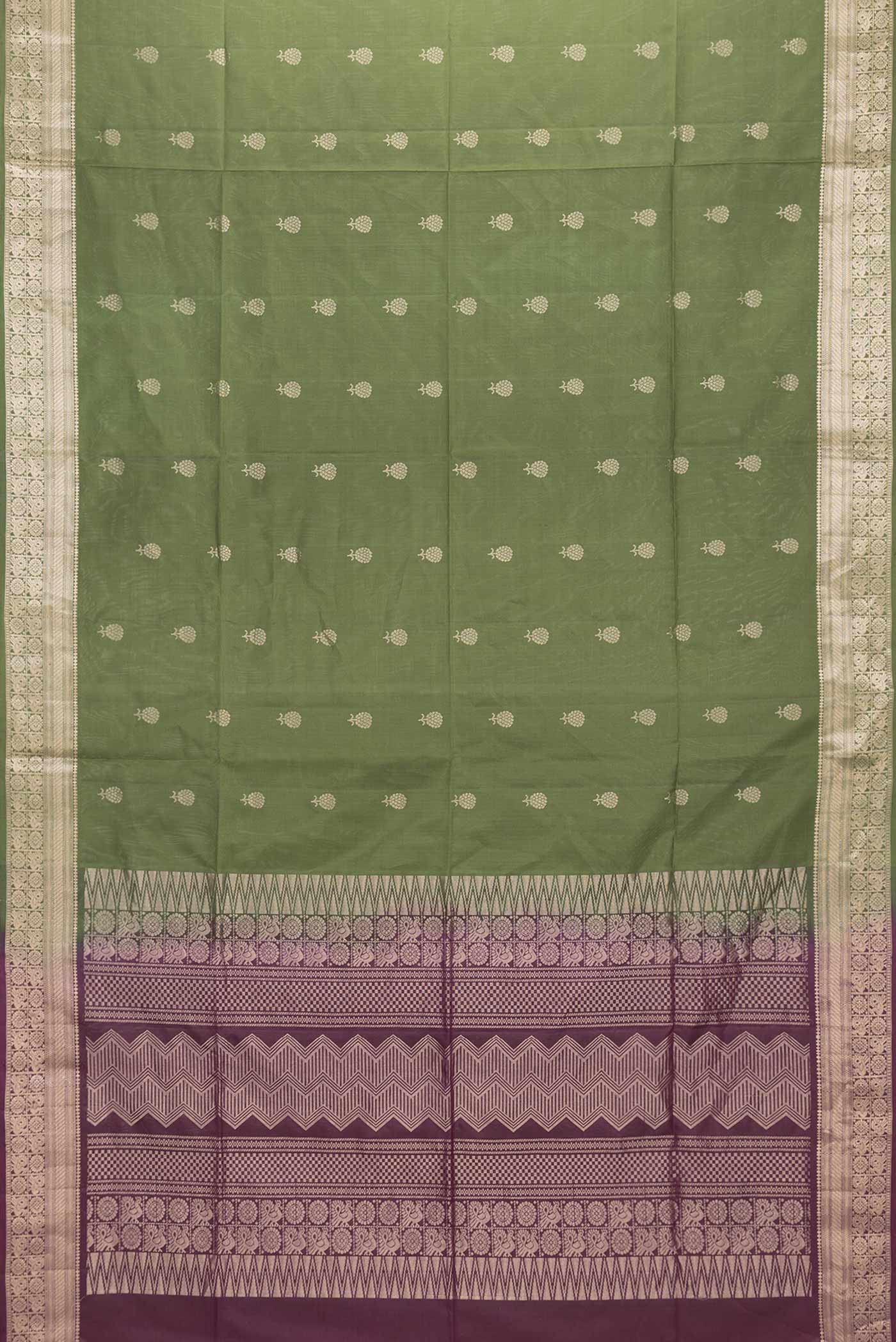 Flat view of Mehandi Green Dual Tone Soft Silk Saree with Zari Butta on the body and Zari Border. 