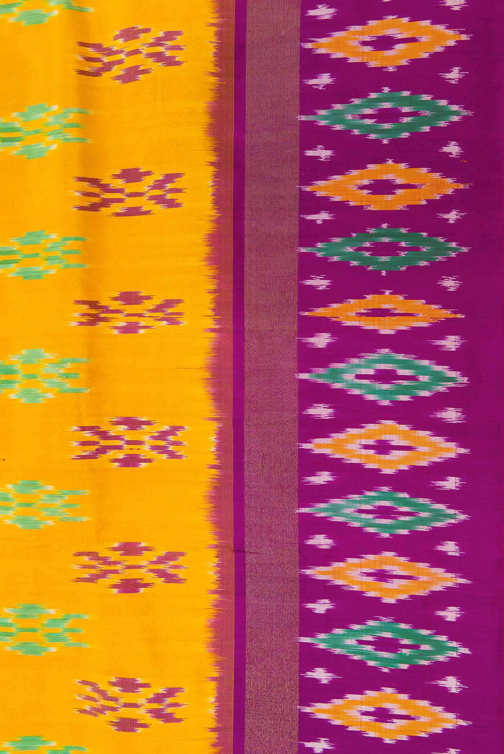 Border image of Mustard Dual Tone Double Ikat Saree with Ikat Print on the body and Ikat Border. 