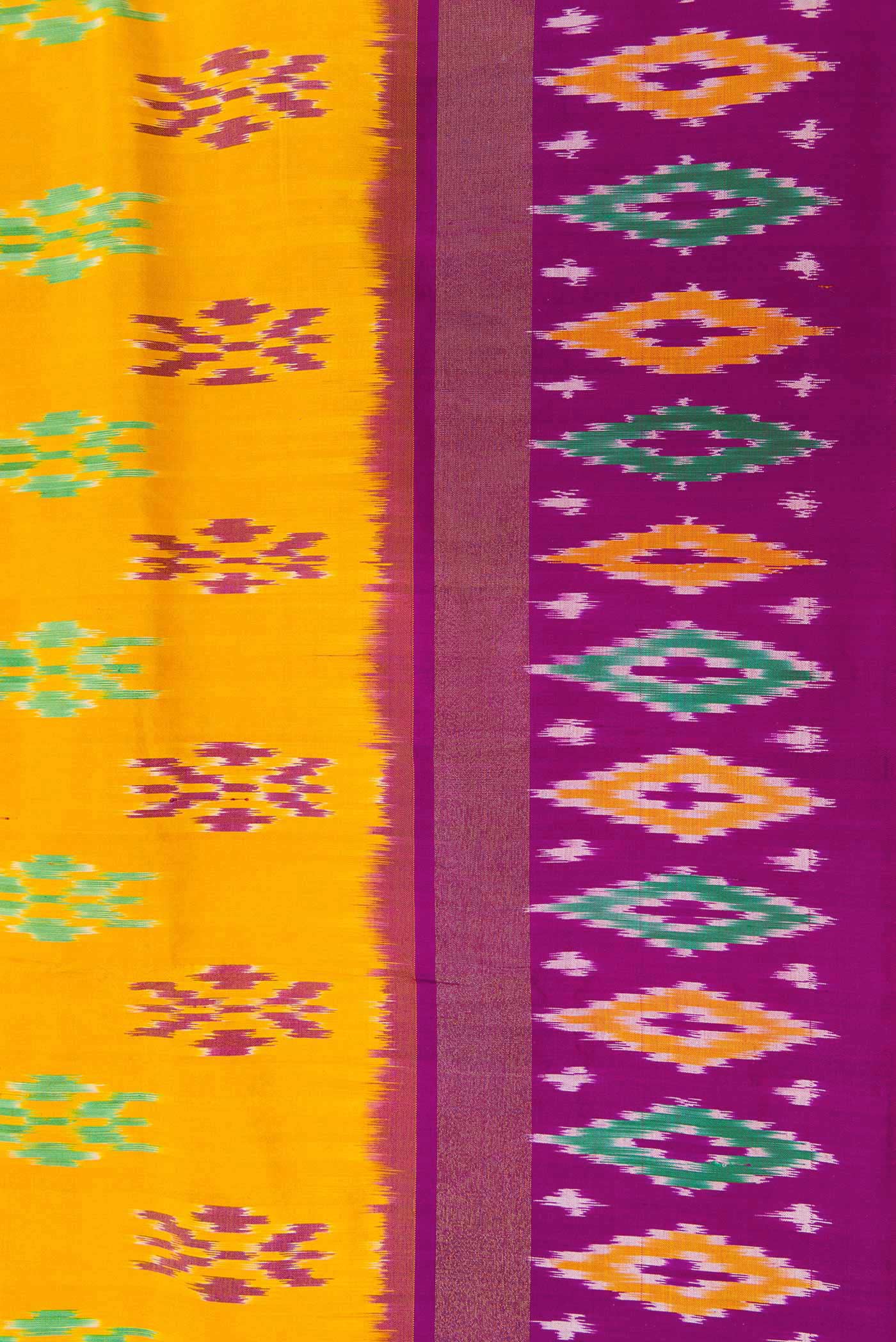 Border image of Mustard Dual Tone Double Ikat Saree with Ikat Print on the body and Ikat Border. 