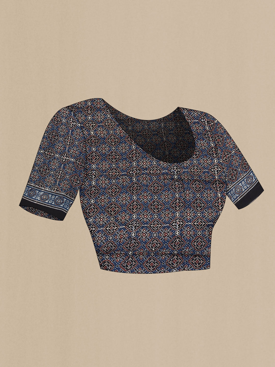 Close up image of the blouse of Navy Blue Dual Tone Satin Silk Saree with Printed design on the body and Printed Border