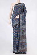 Navy Blue Dual Tone Satin Silk Saree with Printed design on the body and Printed Border displayed on a mannequin