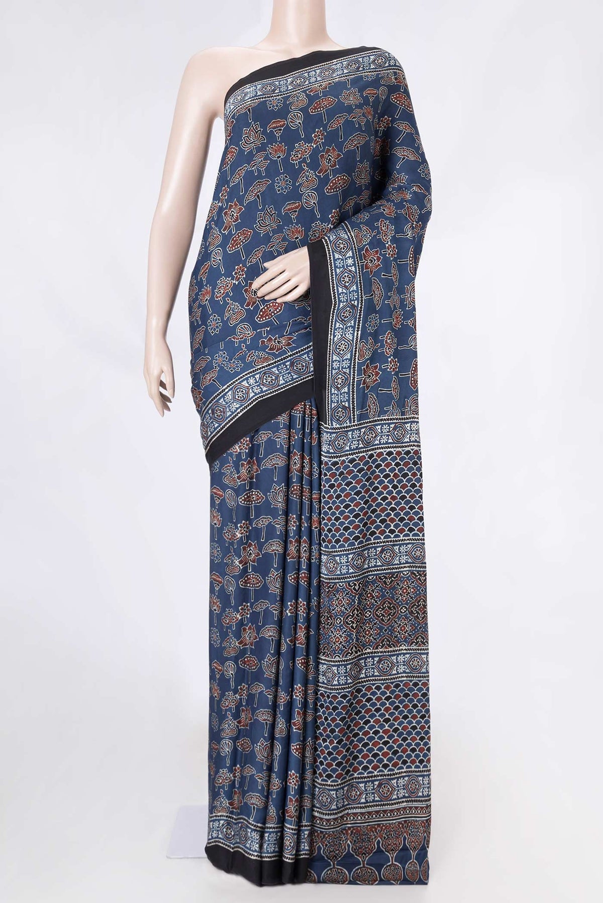 Navy Blue Dual Tone Satin Silk Saree with Printed design on the body and Printed Border displayed on a mannequin