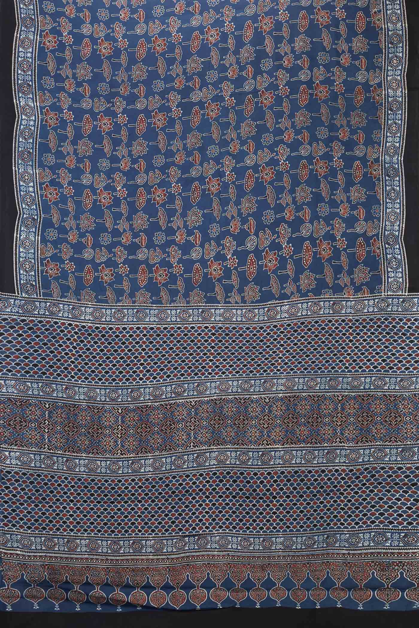 Flat view of Navy Blue Dual Tone Satin Silk Saree with Printed design on the body and Printed Border