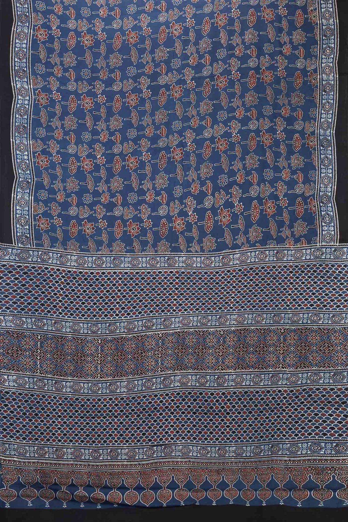 Flat view of Navy Blue Dual Tone Satin Silk Saree with Printed design on the body and Printed Border