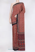 Maroon Blended Satin Crepe Saree with Ajrakh Print on the body and Printed Border.  displayed on a mannequin