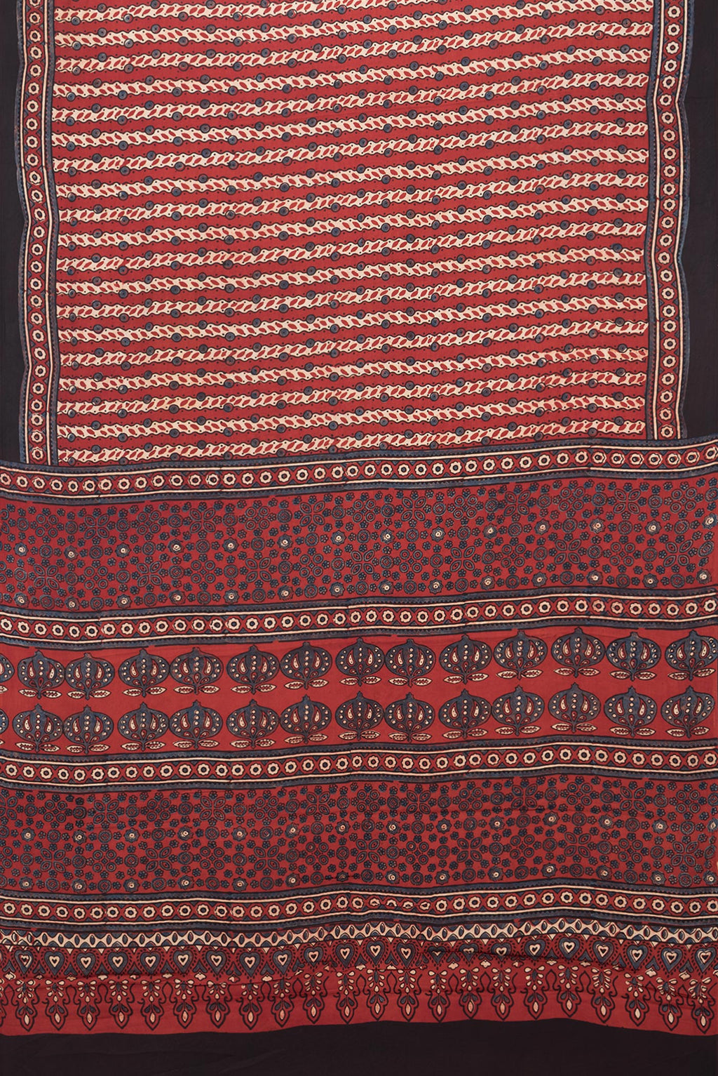 Flat view of Maroon Blended Satin Crepe Saree with Ajrakh Print on the body and Printed Border. 