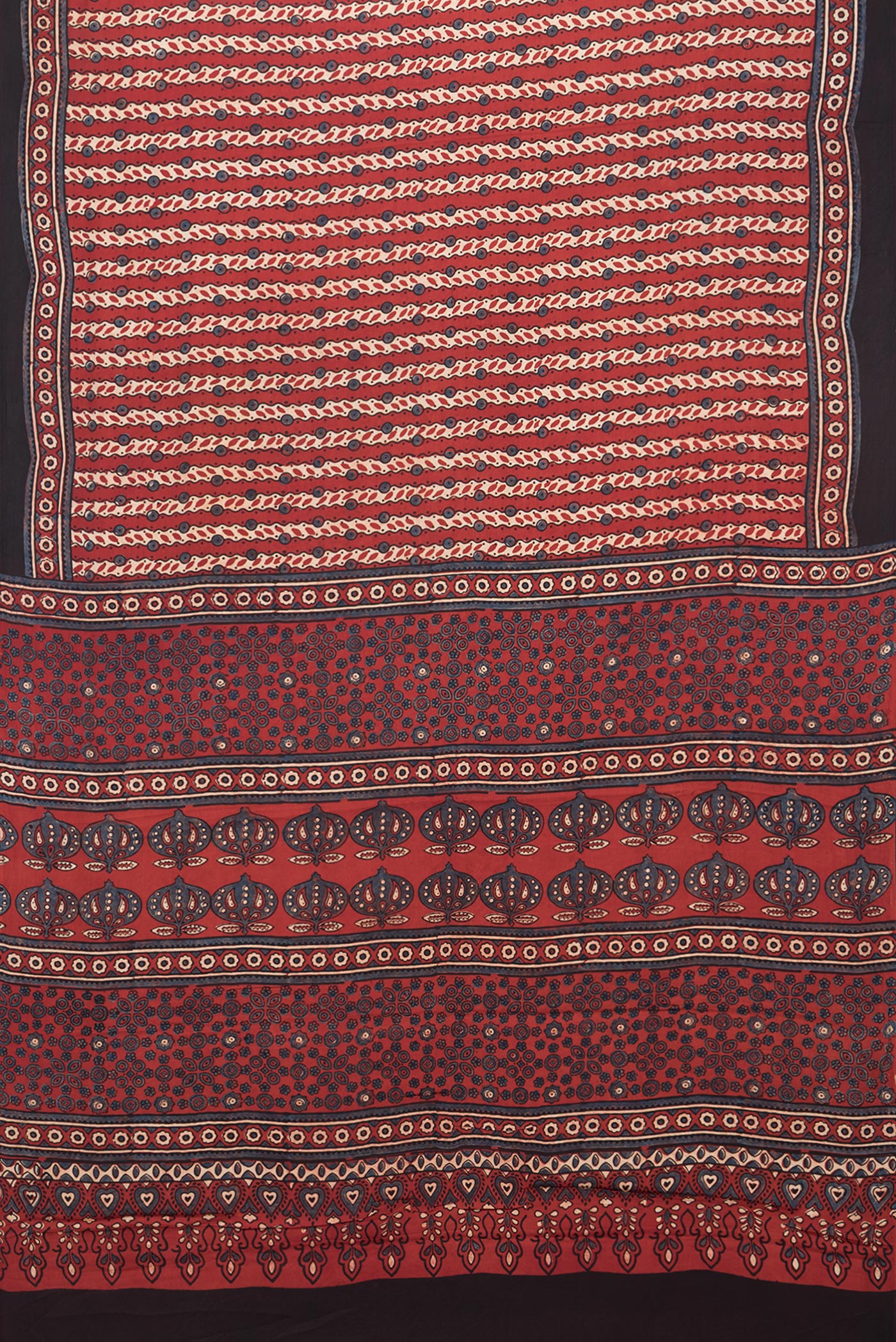 Flat view of Maroon Blended Satin Crepe Saree with Ajrakh Print on the body and Printed Border. 
