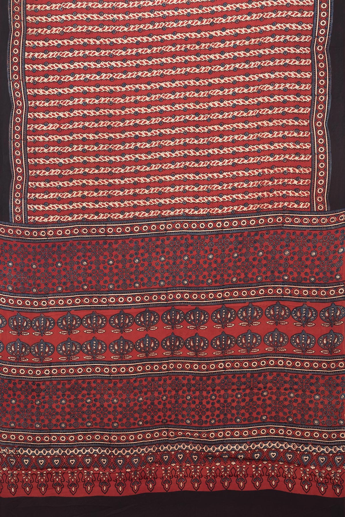Flat view of Maroon Blended Satin Crepe Saree with Ajrakh Print on the body and Printed Border. 