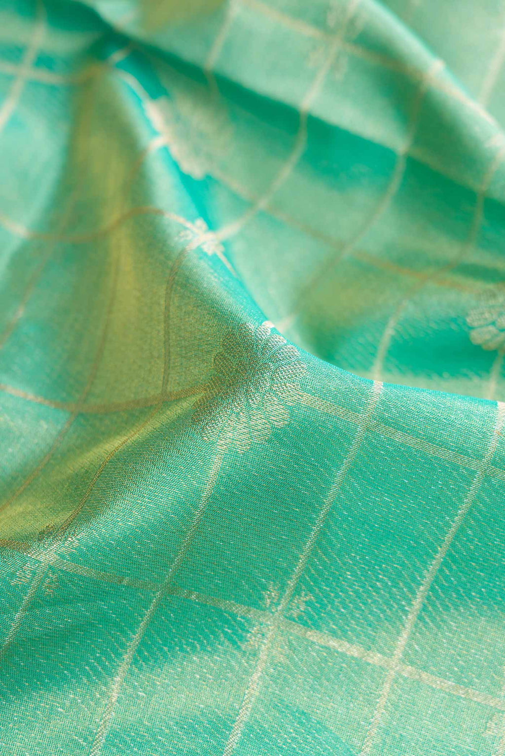 Close up of Sea Green Dual Tone Kanjivaram Tissue Silk Saree with Zari Brocade on the body and Zari Border.  displaying folds