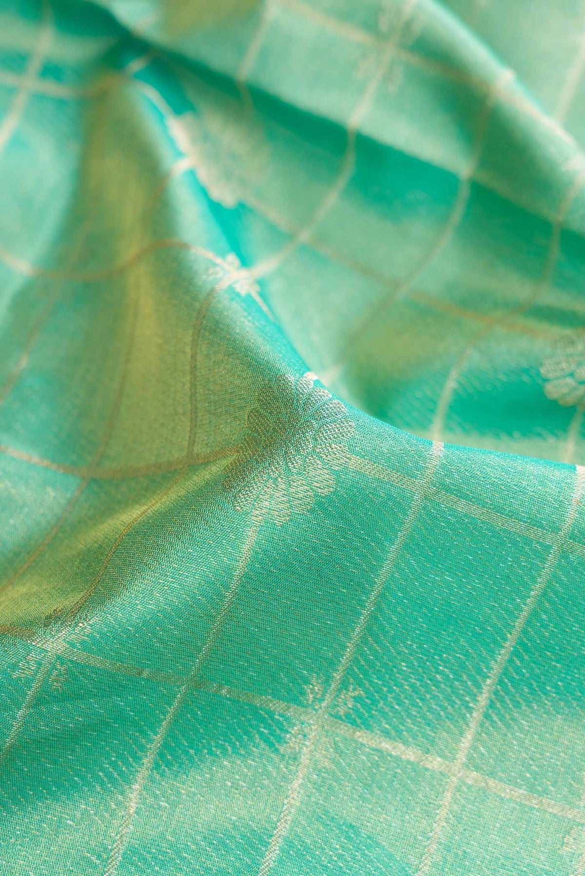 Close up of Sea Green Dual Tone Kanjivaram Tissue Silk Saree with Zari Brocade on the body and Zari Border.  displaying folds