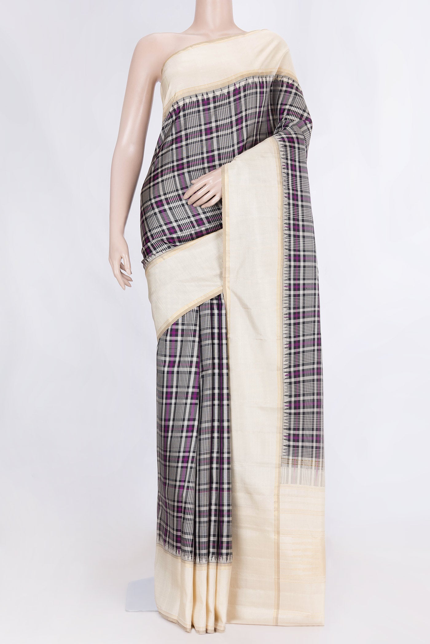 Black and Magenta Color Kanchipuram Silk Saree with Checked design on the body and Zari Border displayed on a mannequin