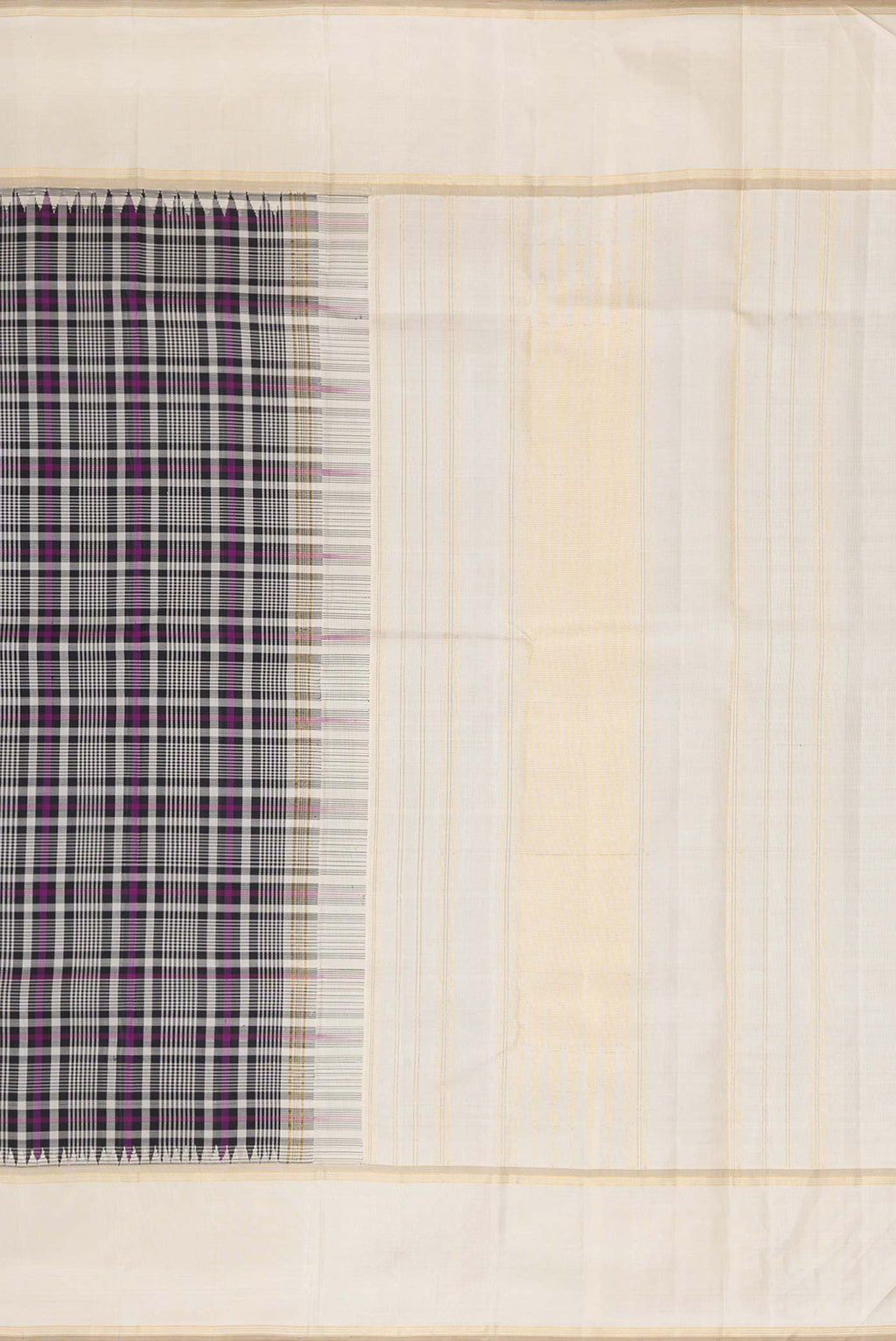 Close up image of the pallu of Black and Magenta Color Kanchipuram Silk Saree with Checked design on the body and Zari Border