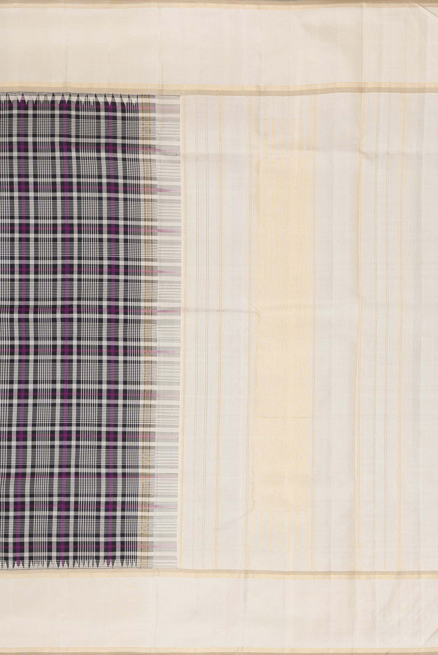 Close up image of the pallu of Black and Magenta Color Kanchipuram Silk Saree with Checked design on the body and Zari Border