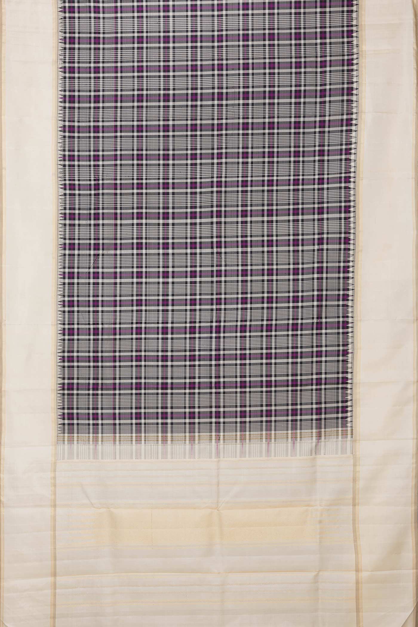 Flat view of Black and Magenta Color Kanchipuram Silk Saree with Checked design on the body and Zari Border