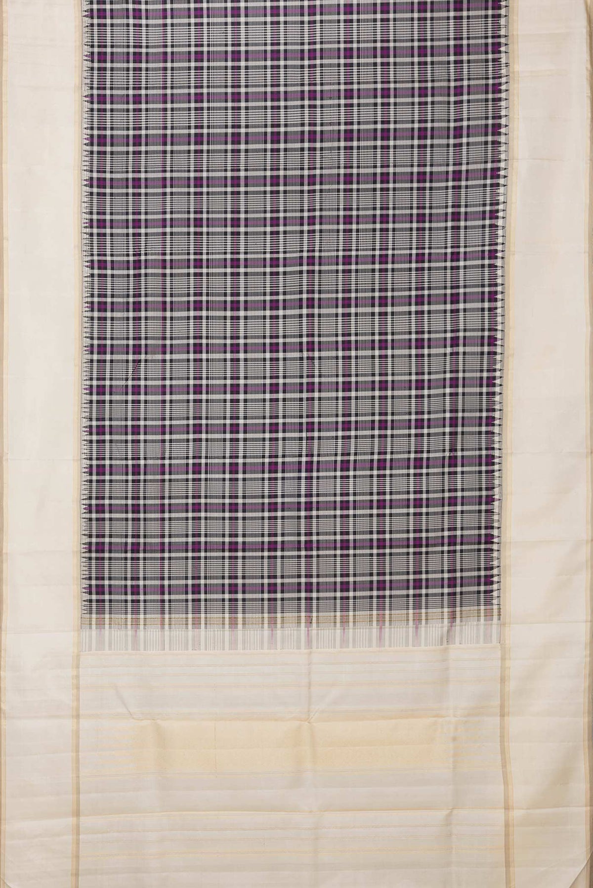 Flat view of Black and Magenta Color Kanchipuram Silk Saree with Checked design on the body and Zari Border