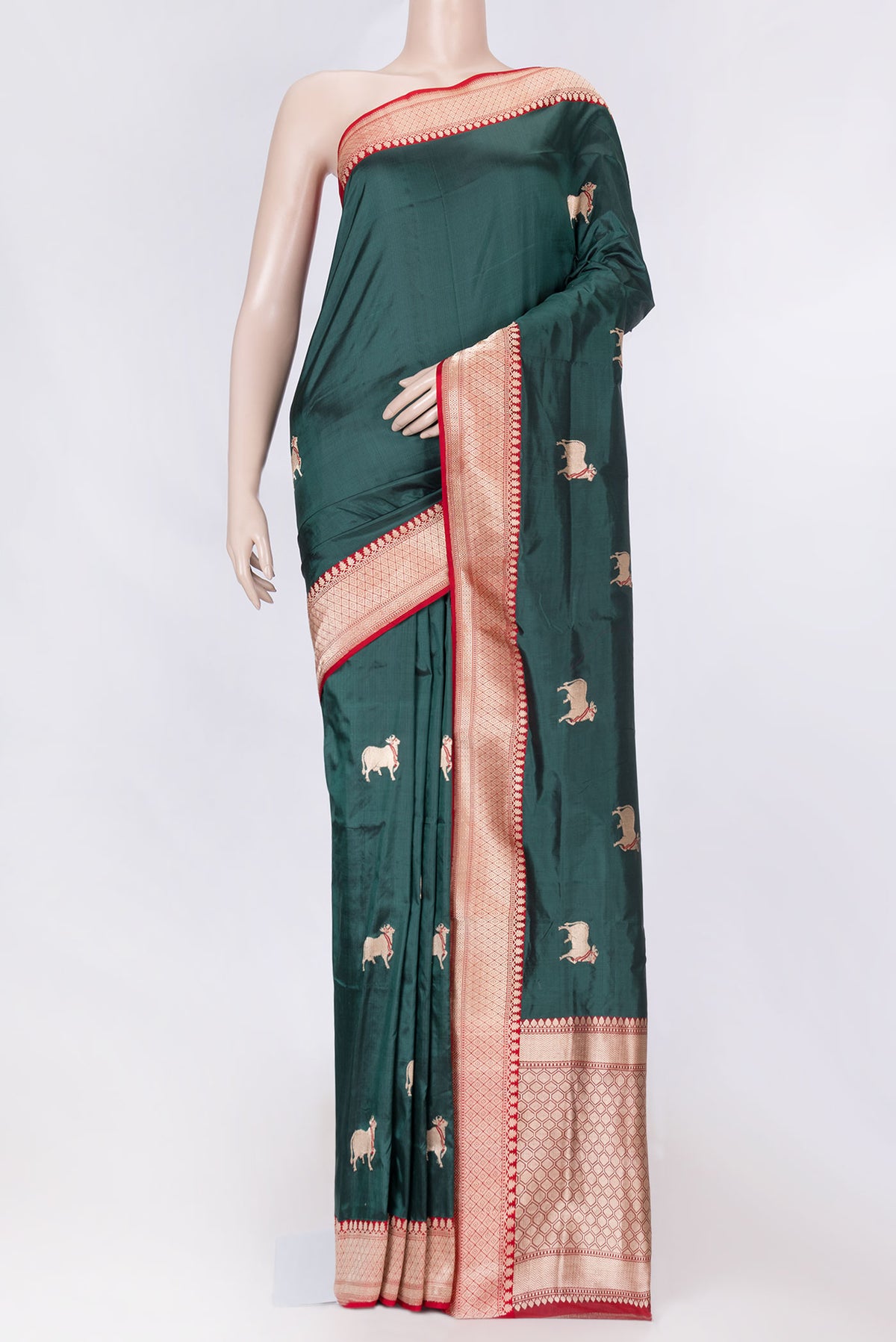 Blue Banarasi Katan Silk Saree with Zari Butta on the body and Zari Border displayed on a mannequin