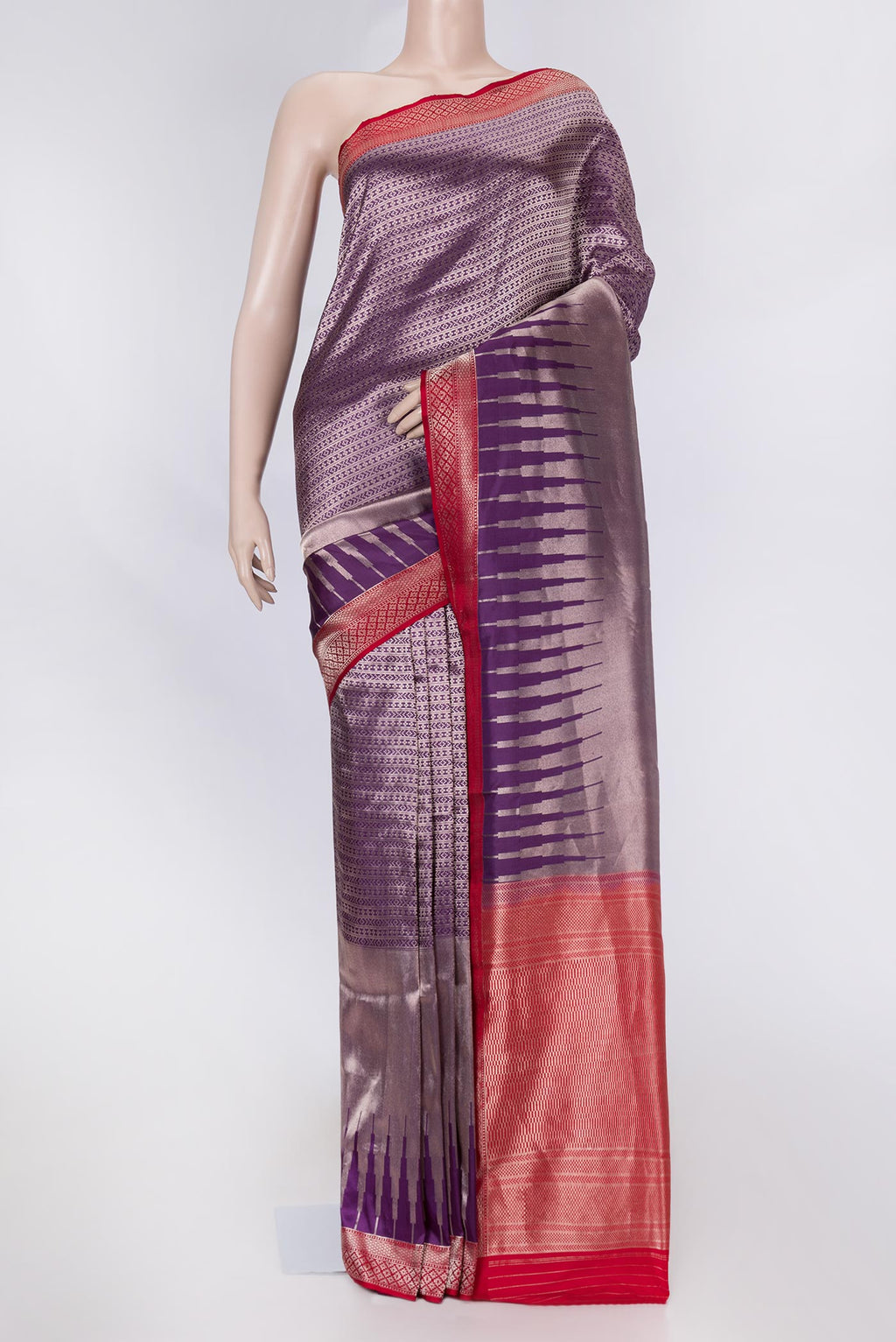 Purple Dual Tone Banarasi Saree with Zari Brocade on the body and Zari Border displayed on a mannequin