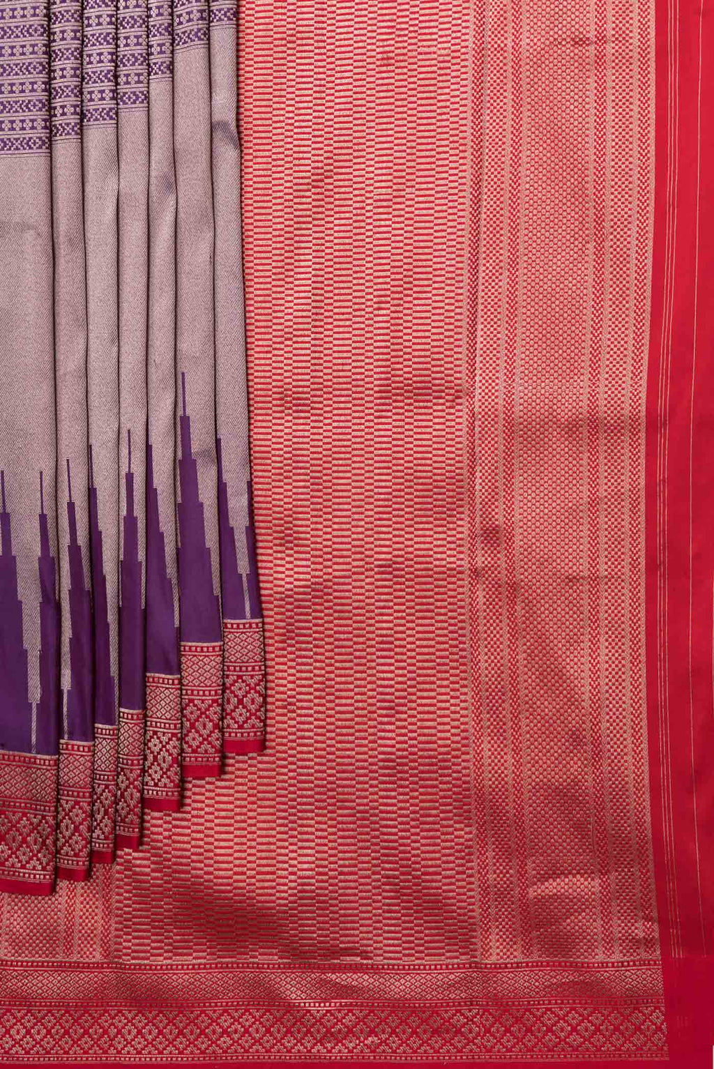 Pleats and pallu of Purple Dual Tone Banarasi Saree with Zari Brocade on the body and Zari Border