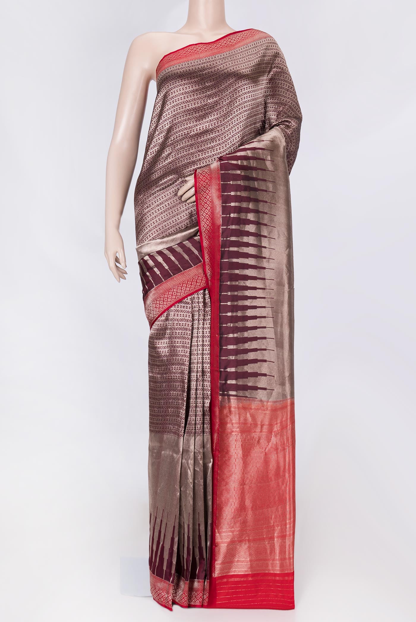 Coffee Brown Dual Tone Banarasi Saree with Zari Brocade on the body and Zari Border displayed on a mannequin