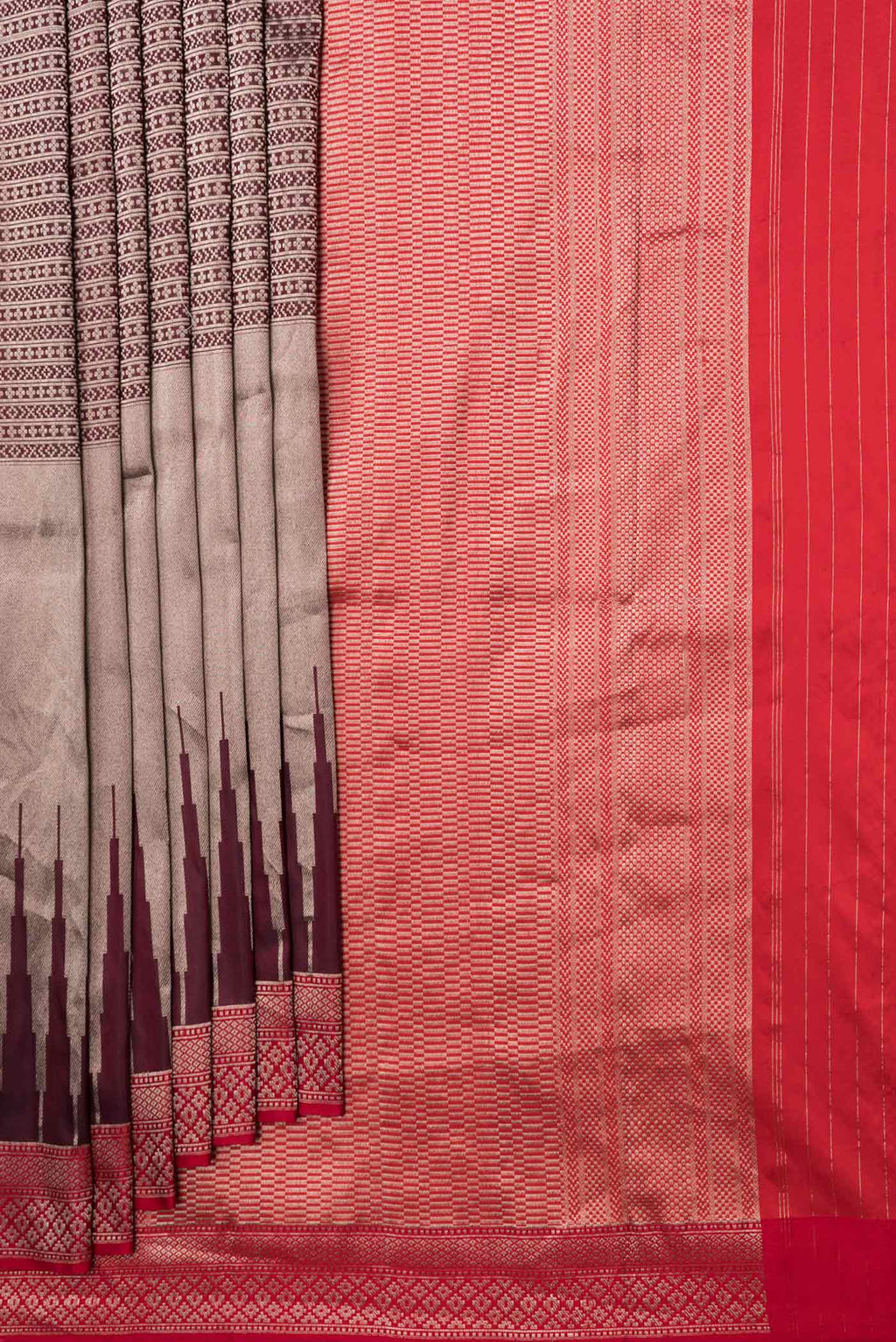 Pleats and pallu of Coffee Brown Dual Tone Banarasi Saree with Zari Brocade on the body and Zari Border