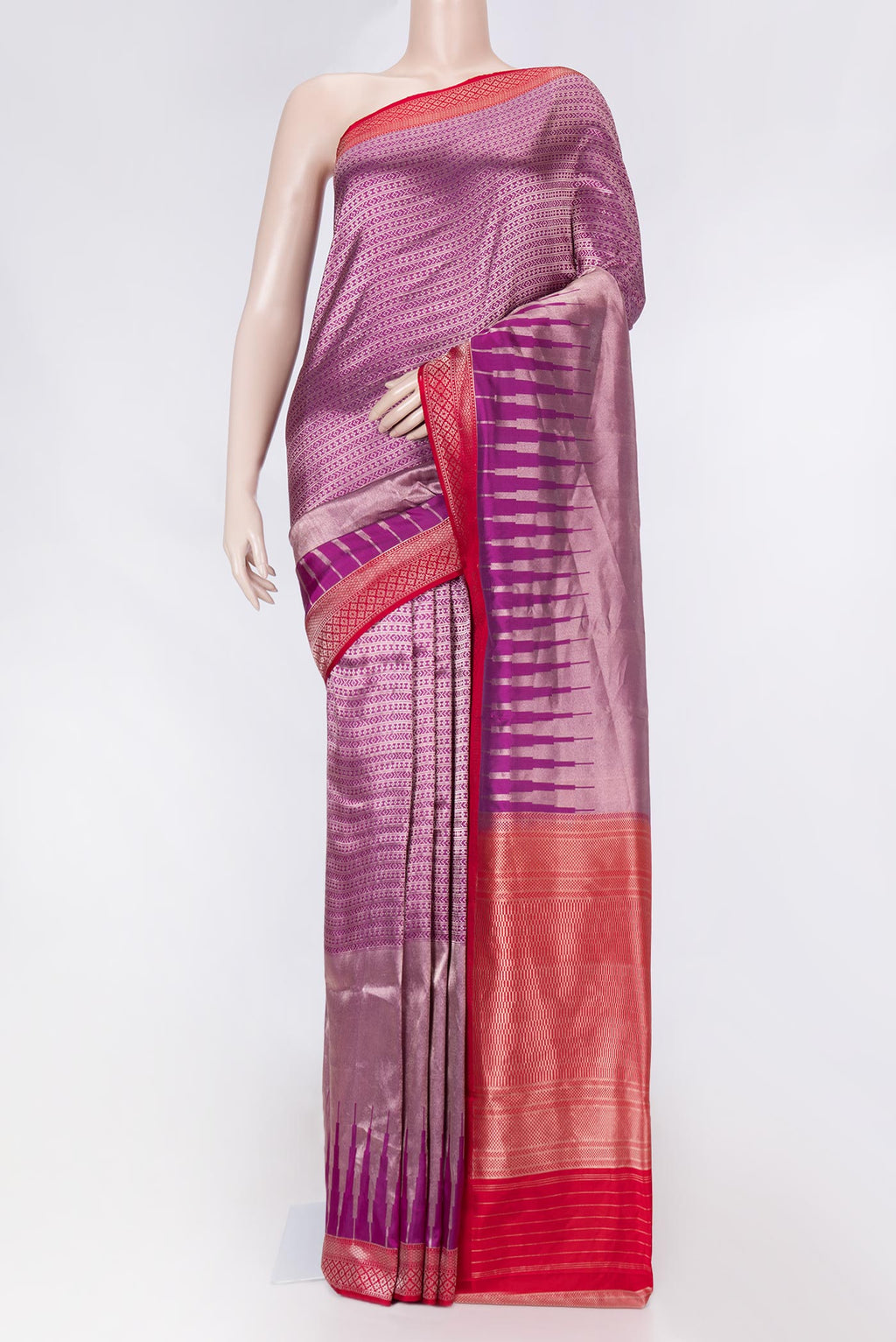 Violet Banarasi Silk Saree with Zari Brocade on the body and Zari Border displayed on a mannequin