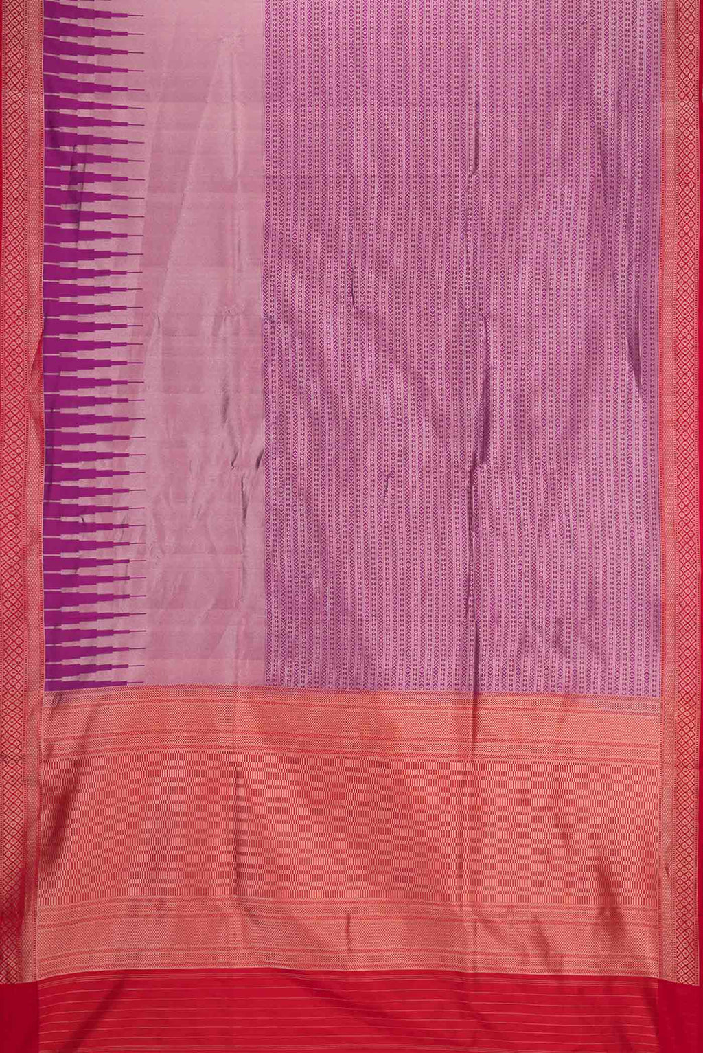 Flat view of Violet Banarasi Silk Saree with Zari Brocade on the body and Zari Border