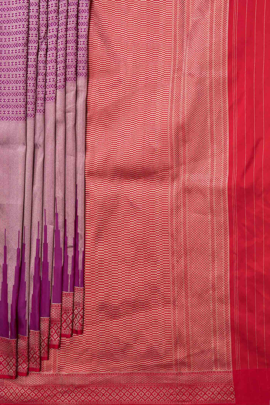 Pleats and pallu of Violet Banarasi Silk Saree with Zari Brocade on the body and Zari Border