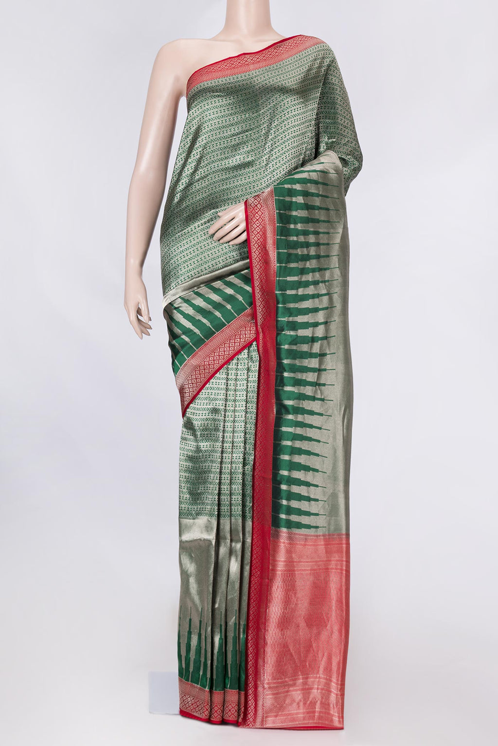 Green Dual Tone Banarasi Saree with Zari Brocade on the body and Zari Border displayed on a mannequin