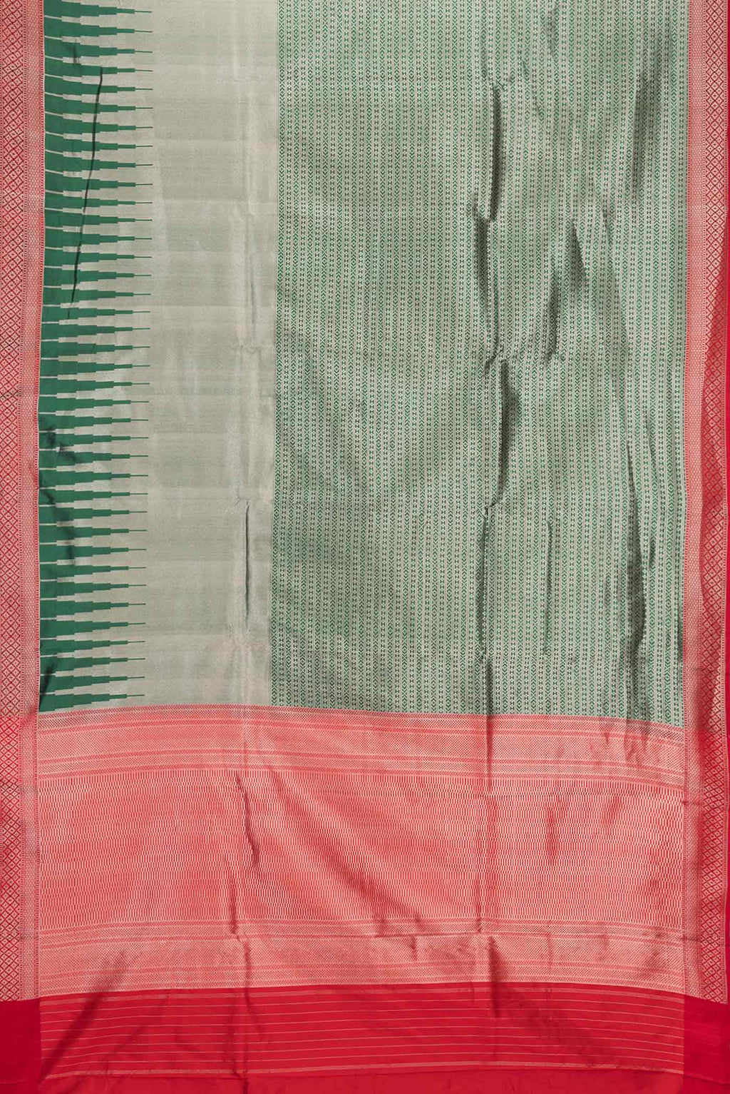Flat view of Green Dual Tone Banarasi Saree with Zari Brocade on the body and Zari Border