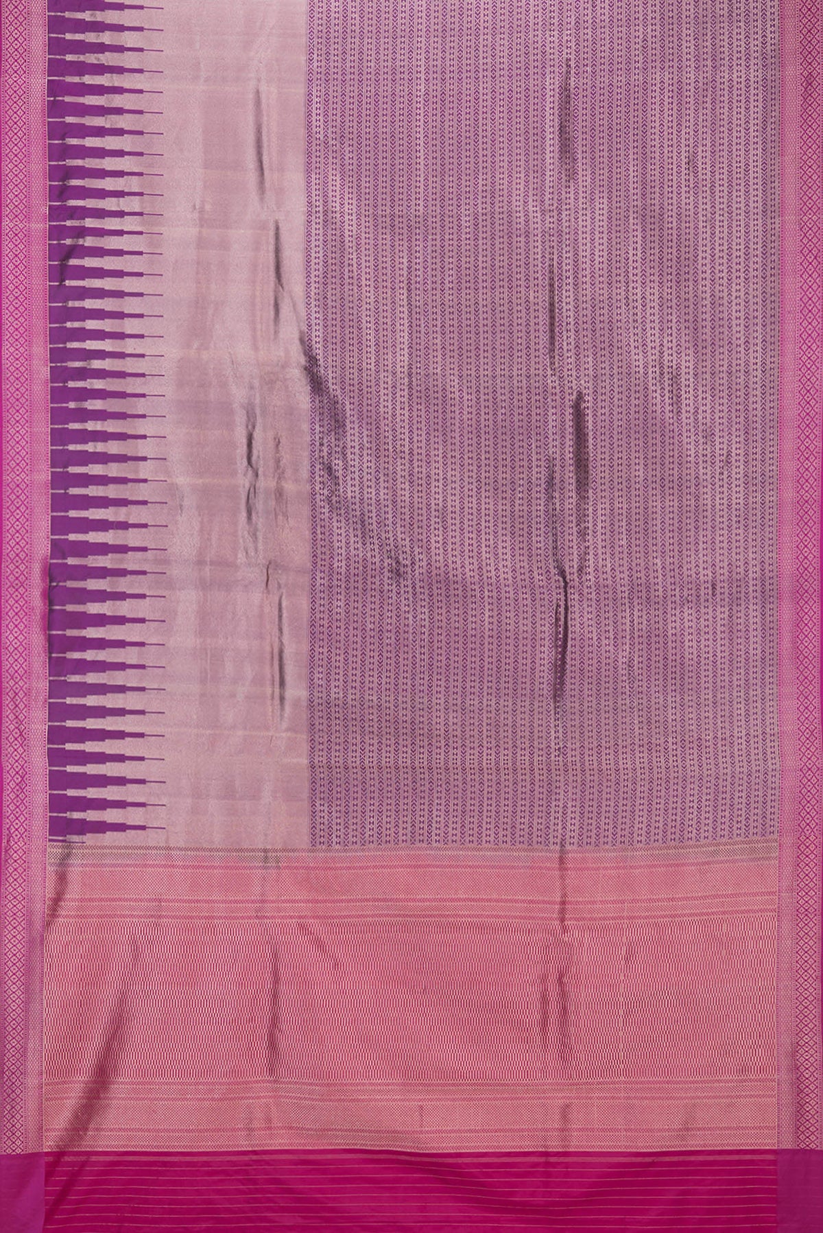 Flat view of Pure Silk Magenta Banarasi Saree with Zari Brocade on the body and Zari Border. 