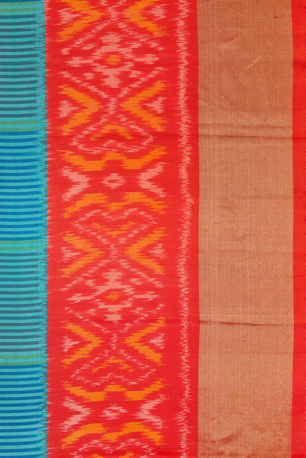 Border image of Peacock Blue Dual Tone Soft Silk Saree with Stripes on the body and Ikat Border. 