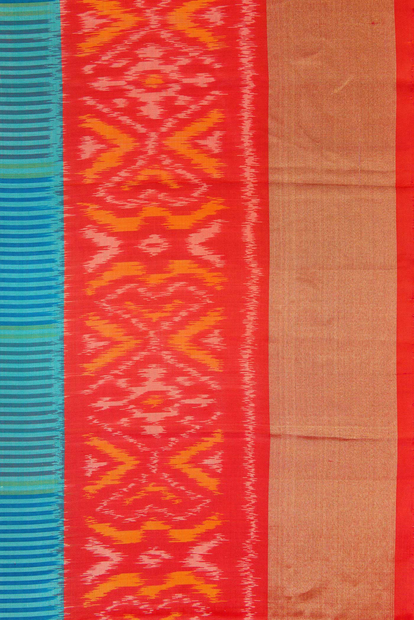 Border image of Peacock Blue Dual Tone Soft Silk Saree with Stripes on the body and Ikat Border. 