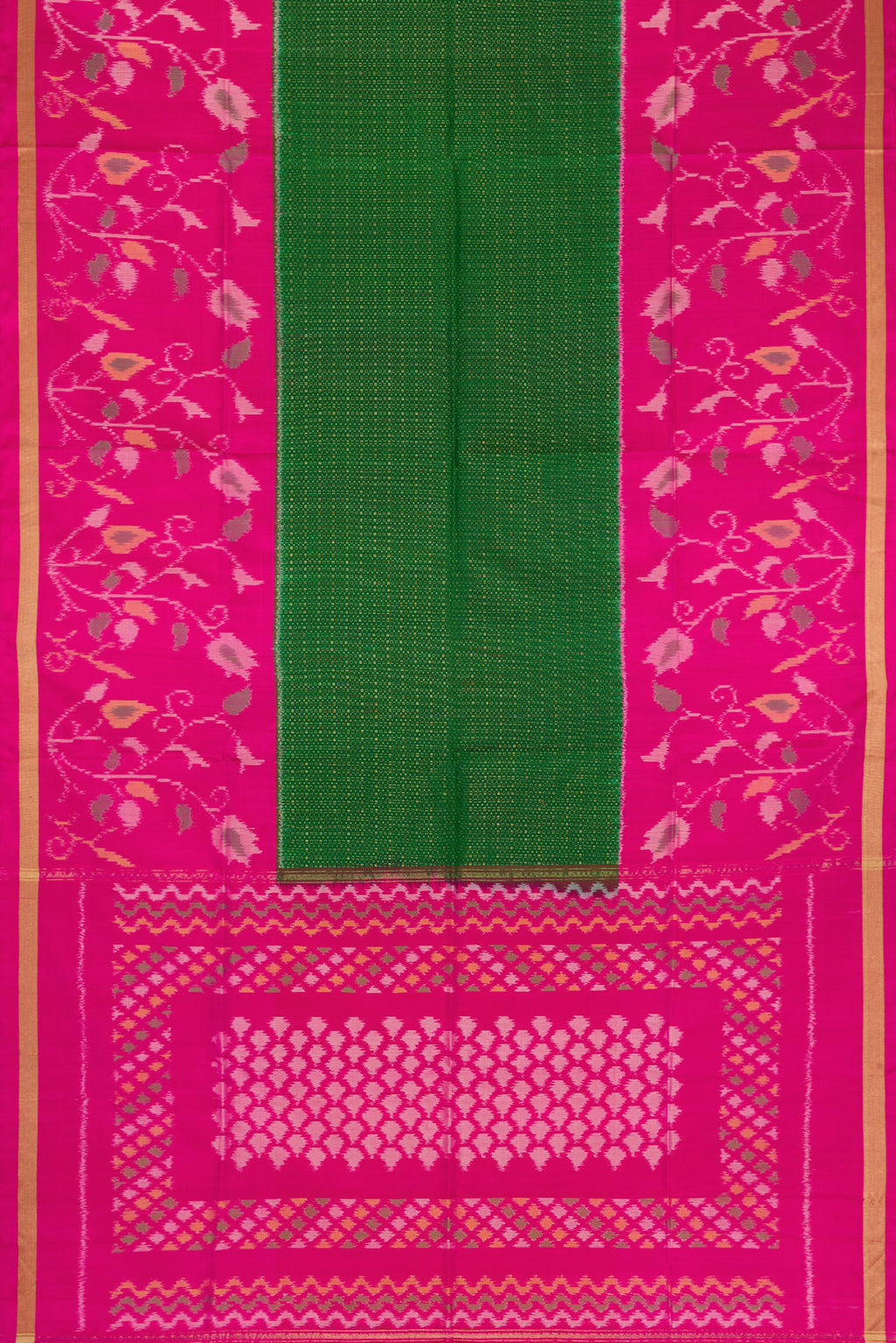 Flat view of Bottle Green Dual Tone Soft Silk Saree with Zari Brocade on the body and Ikat Border. 