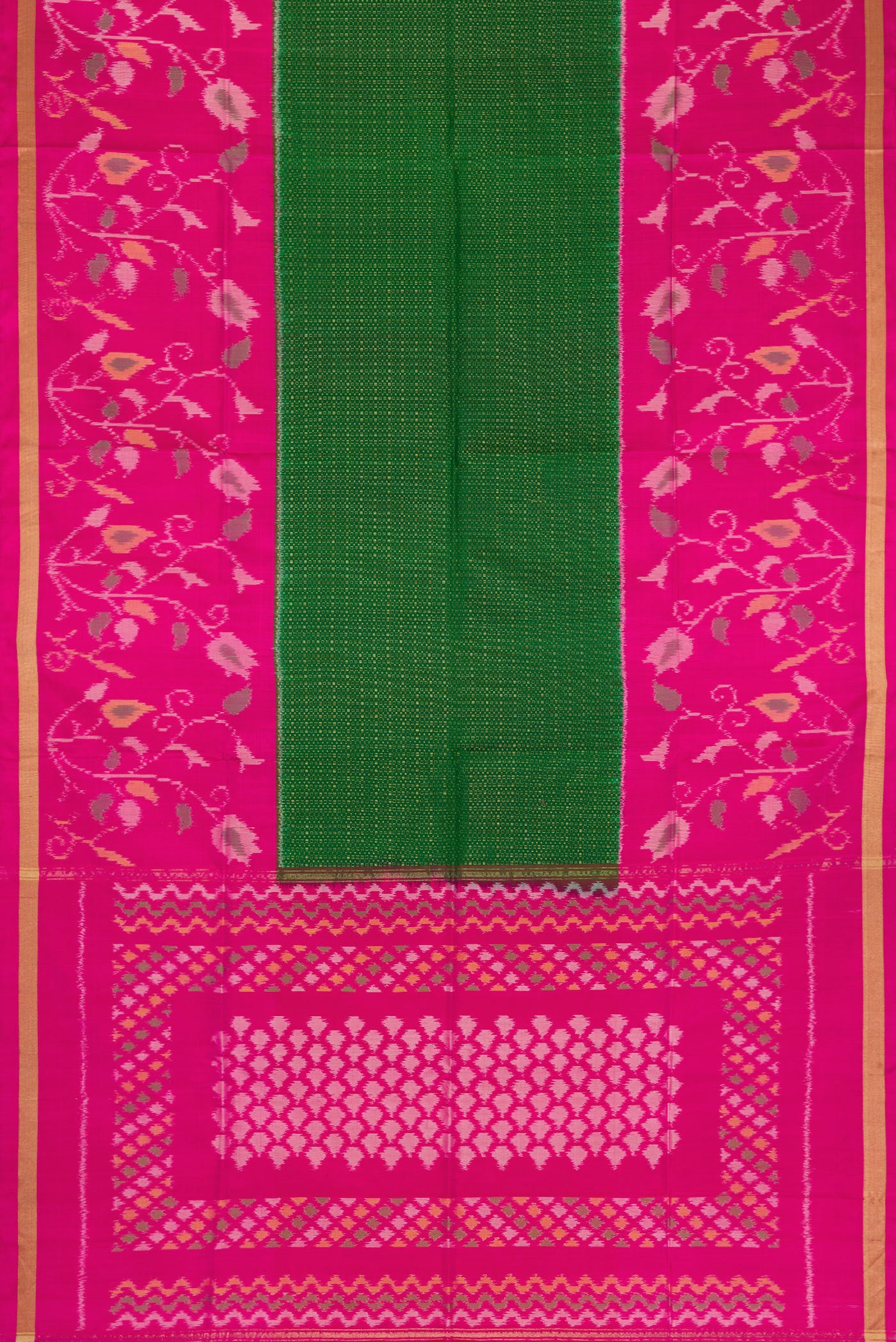 Flat view of Bottle Green Dual Tone Soft Silk Saree with Zari Brocade on the body and Ikat Border. 