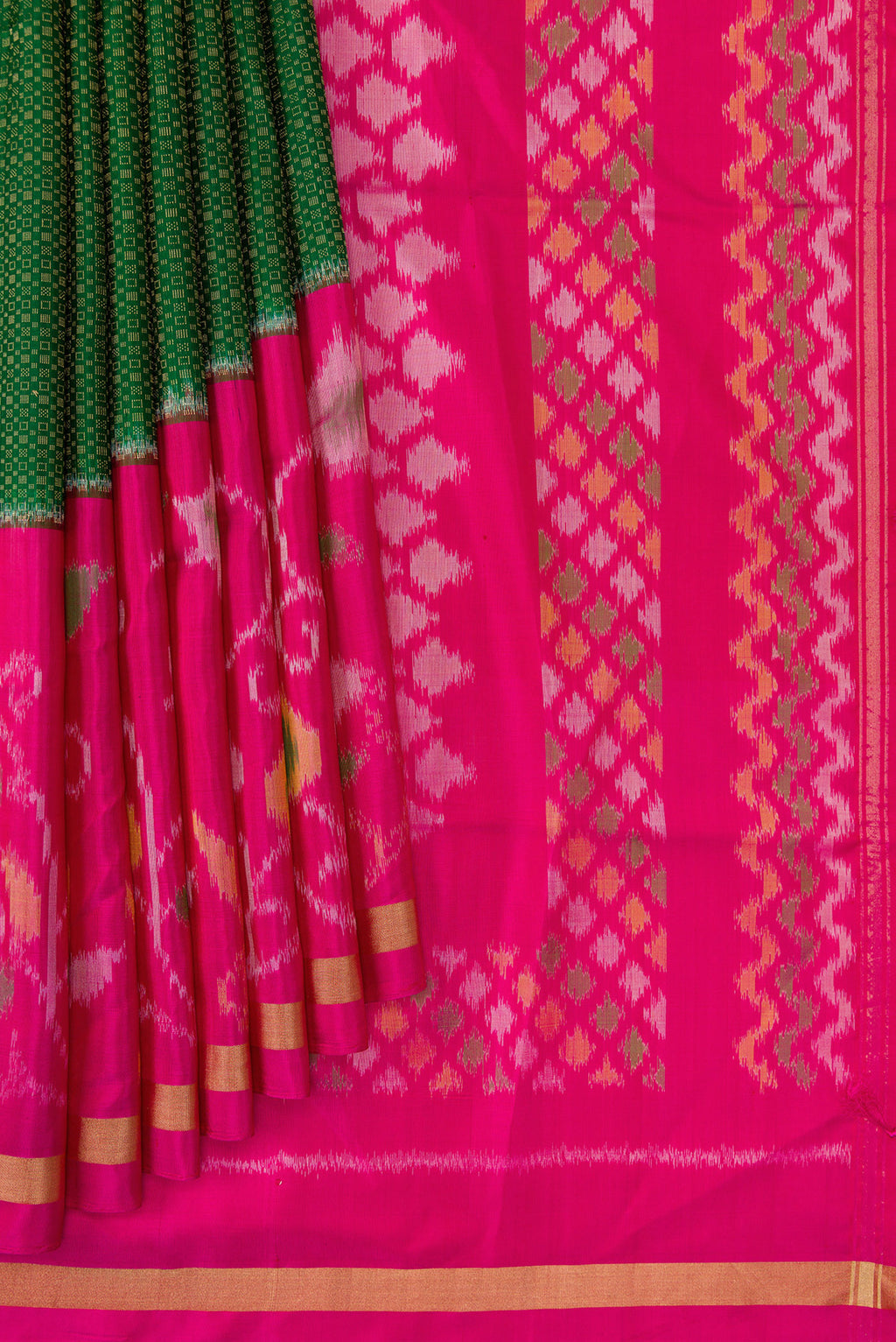 Pleats and pallu of Bottle Green Dual Tone Soft Silk Saree with Zari Brocade on the body and Ikat Border. 