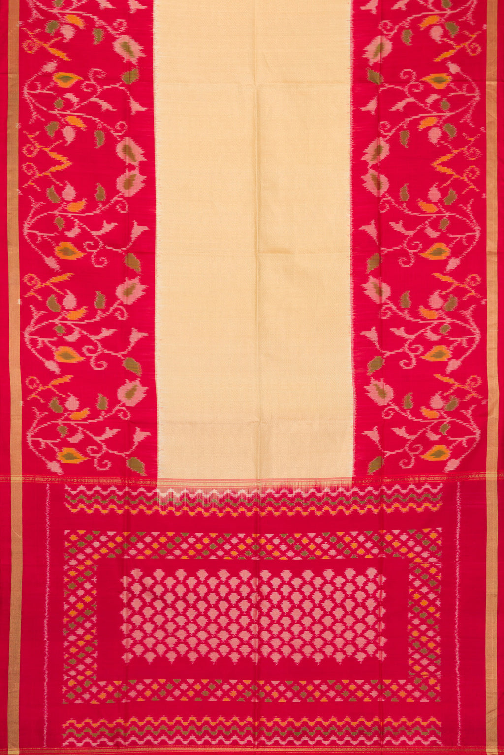 Flat view of Gold Dual Tone Soft Silk Saree with Zari Brocade on the body and Ikat Border. 