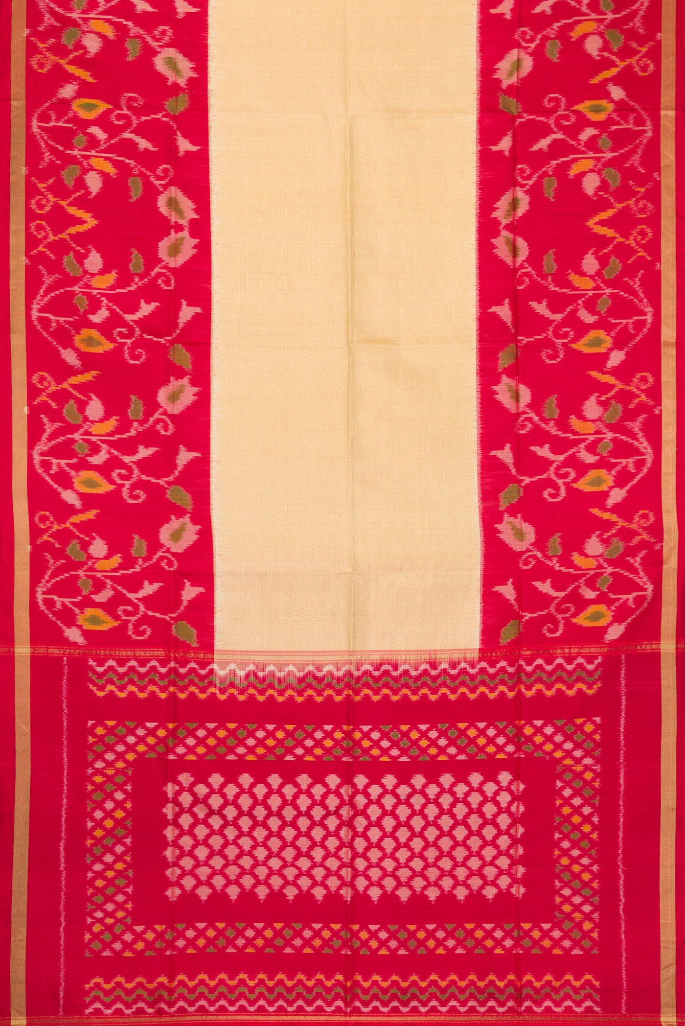 Flat view of Gold Dual Tone Soft Silk Saree with Zari Brocade on the body and Ikat Border. 