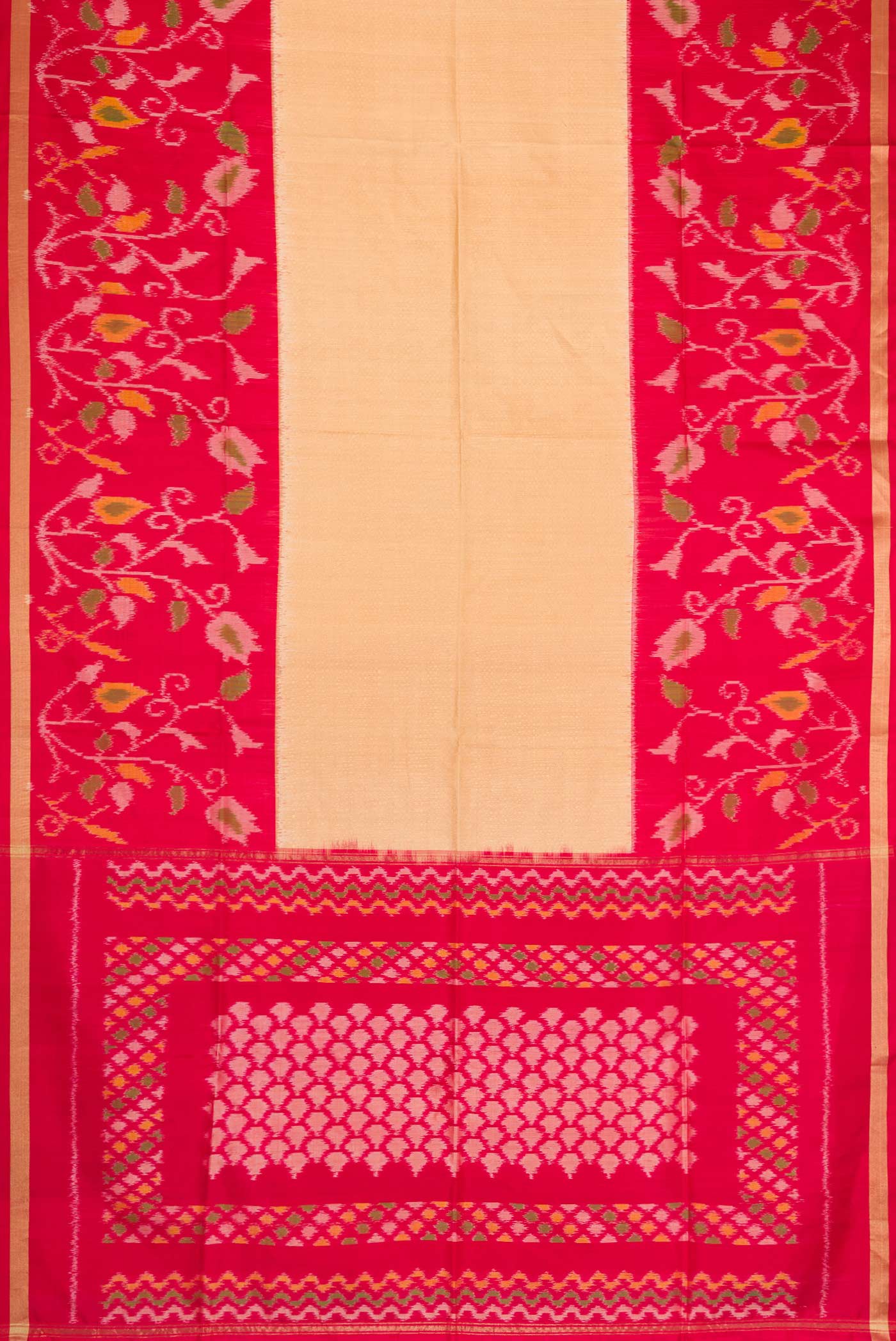 Flat view of Sandal Dual Tone Soft Silk Saree with Zari Brocade on the body and Ikat Border. 